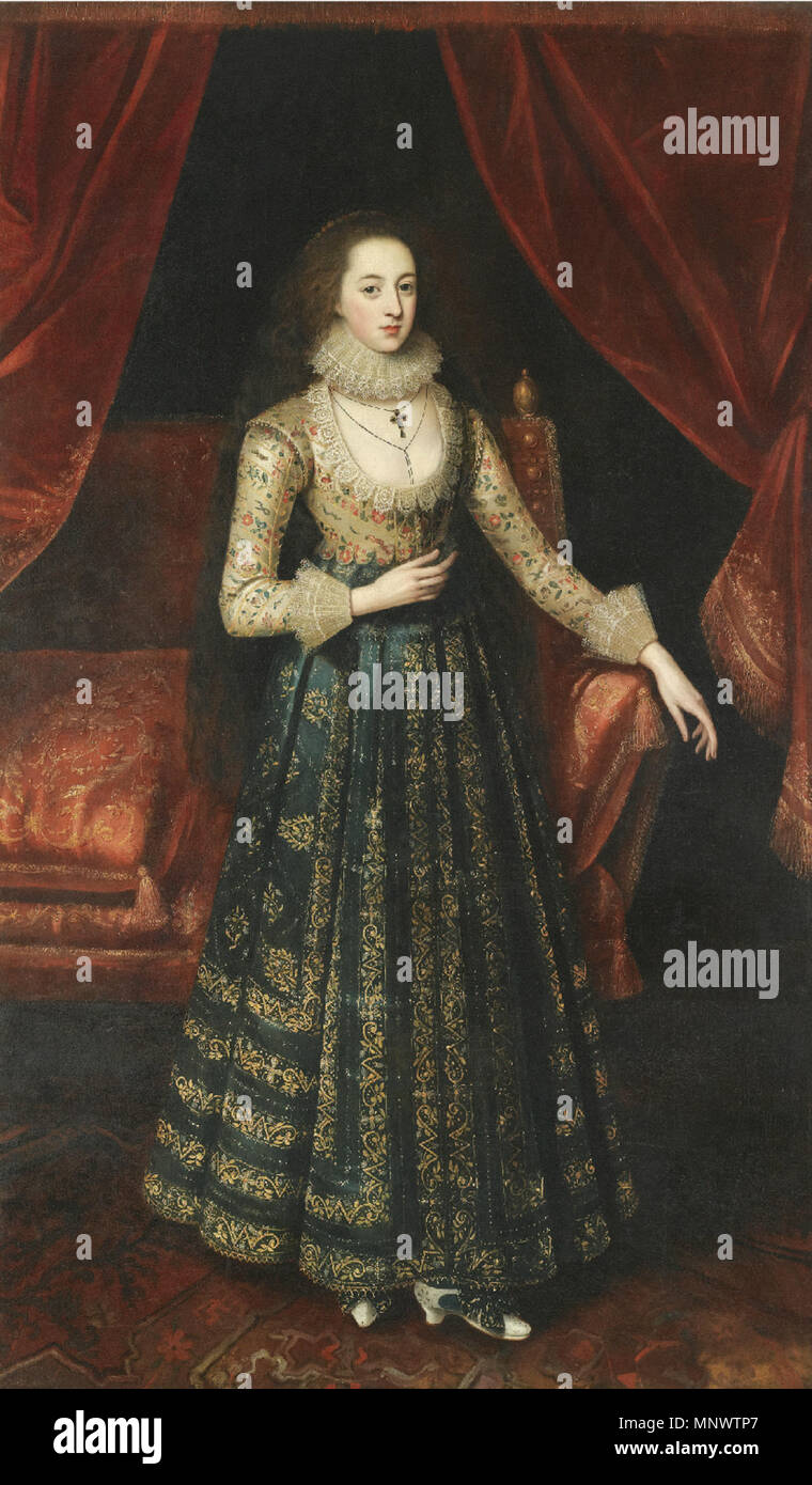 Ritratto di una donna . Inglese: Ritratto di una dama, probabilmente Vere Egerton, nipote Lord Cancelliere Thomas Egerton, che sposò in cabina Famiglia di Dunham Massey nel Cheshire nel 1619. . Circa 1619. 1068 Robert Peake Ritratto di Signora 1619 Foto Stock