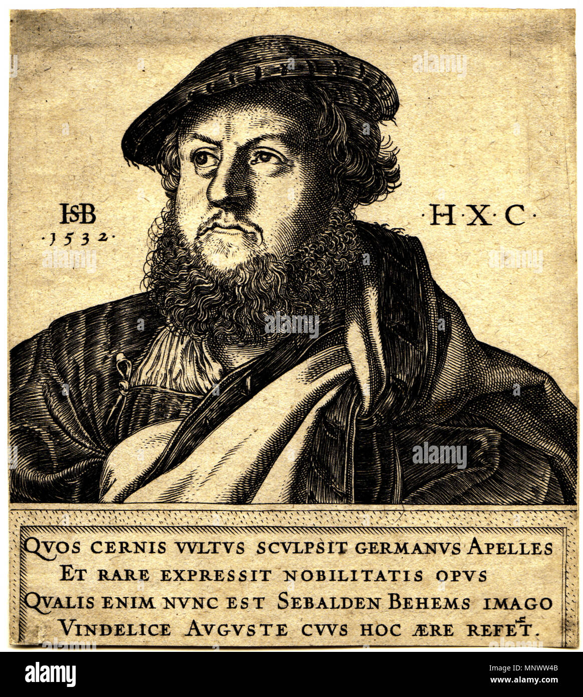 . Deutsch: MONOGRAMMIST H.X.C. La guerra tätig in der Ersten Hälfte des 16. Jhdts.Bildnis des Hans Sebald Beham. Ritratto di Hans Sebald Beham. Kupferstich nach einem 1532 entstandenen Selbstbildnisses Behams. Nagler Monogrammisten III, 1729. - Mit dem Monogrammen der Künstler, dato "1532" und lat. Testo in der Platte. Blatt: 12 x 10,7 cm. Ringsum unter Verlust des Plattenrandes geringfügig beschnitten. Schwach fleckig und mit kleinen dünnen Papierstellen an den Ecken. Sammlung Kurt Klemperer (nicht bei Lugt). Русский: Ганс Себальд Бехам нем. Sebald Beham Hans . 2008. Eseguire la scansione da Nick Michael 1021 Portr Foto Stock