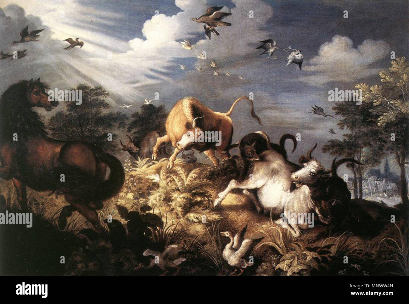 Cavalli e buoi attaccato da lupi prima metà del XVII secolo. 1069 Roelant Savary - cavalli e buoi attaccato da lupi - WGA20884 Foto Stock