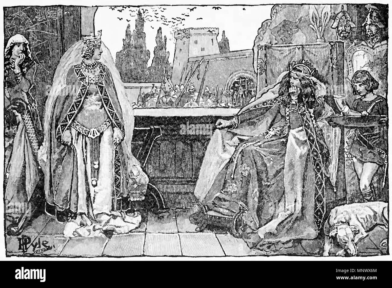 . Didascalie come 'la contesa del Queens'. Una scena dal Nibelungenlied. Pubblicato in 1899. 1179 La contesa del Queens da Howard Pyle Foto Stock