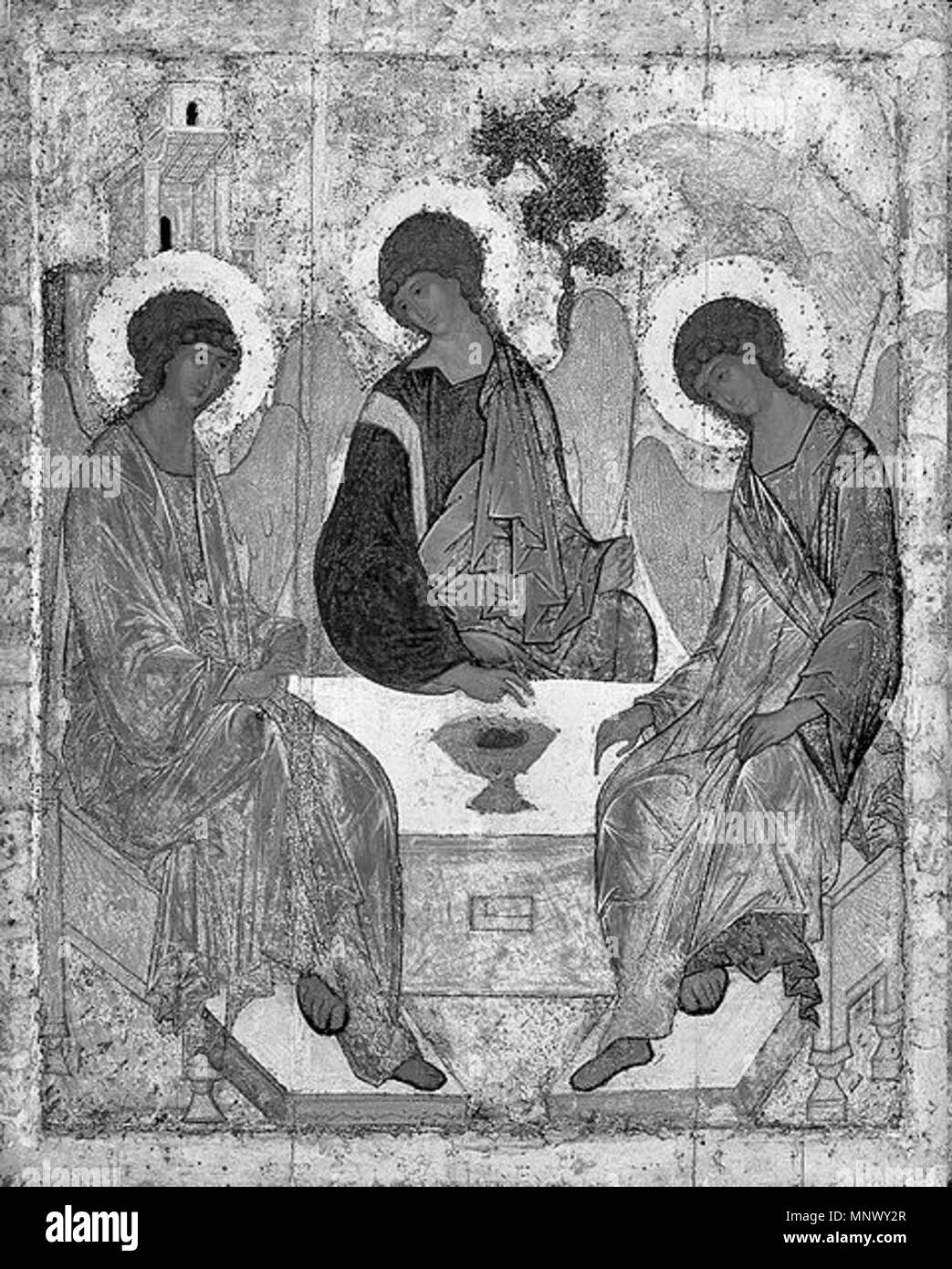 . Икона Андрея Рублёва - Святая Троица . tra circa 1400 e circa 1410. Andrei Rublev (-1428) nomi alternativi Deutsch: Andrei Rubljow inglese: Andrei Rublev Русский: Андрей Рублёв Descrizione iconografo russo e Monaco Data di nascita e morte 1360s tra circa 1427 e circa 1430 Luogo di nascita e morte Mosca Monastero Andronikov di Mosca sede di lavoro Mosca e i suoi dintorni, Vladimir competente controllo : Q838 VIAF: 229794719 ISNI: 0000 0001 2125 8455 ULAN: 500001430 LCCN: N82073069 NLA: 35544604 WorldCat 1077 Rublev Trinità in scala di grigi Foto Stock