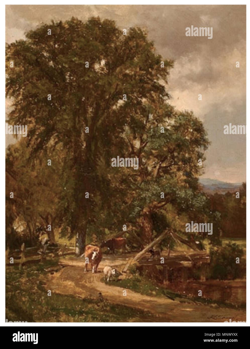 . Ponte rustico. olio su tela. 18 x 14 in. / 45,7 x 35,6 cm. Da Samuele Lancaster Gerry (American, 1813-1891). Firmato 'S.L. Gerry' (inferiore destro) . Xix secolo. 1080 RusticBridge bySLGerry Foto Stock