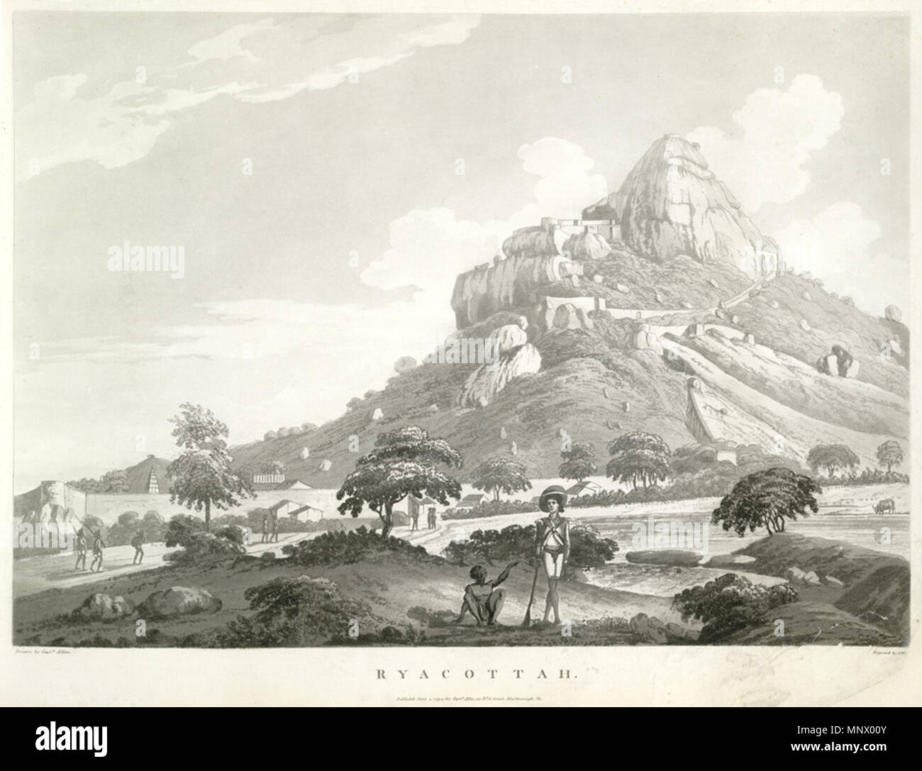 . Inglese: Artista: Allan, Sir Alexander (1764-1820) Medio: Acquatinta data: 1794 Questo incolore la puntasecca è presa dalla piastra 5 del capitano Alessandro Allan 'viste in Mysore Paese". Rayakottai è nel distretto di Dharmapuri del Tamil Nadu. Durante la terza guerra Anglo-Mysore nel 1791, il forte non si arrese ai principali Gowdie il distacco. Allan ha scritto: "13 cannoni e una quantità proporzionale di archivi militari sono stati trovati nel luogo che fu occupata da una guarnigione rispettabile e rimane l'unico forte sopra il Carnatic Ghauts fissato all'inglese dal trattato di Seringapatam.' alla fine di Foto Stock