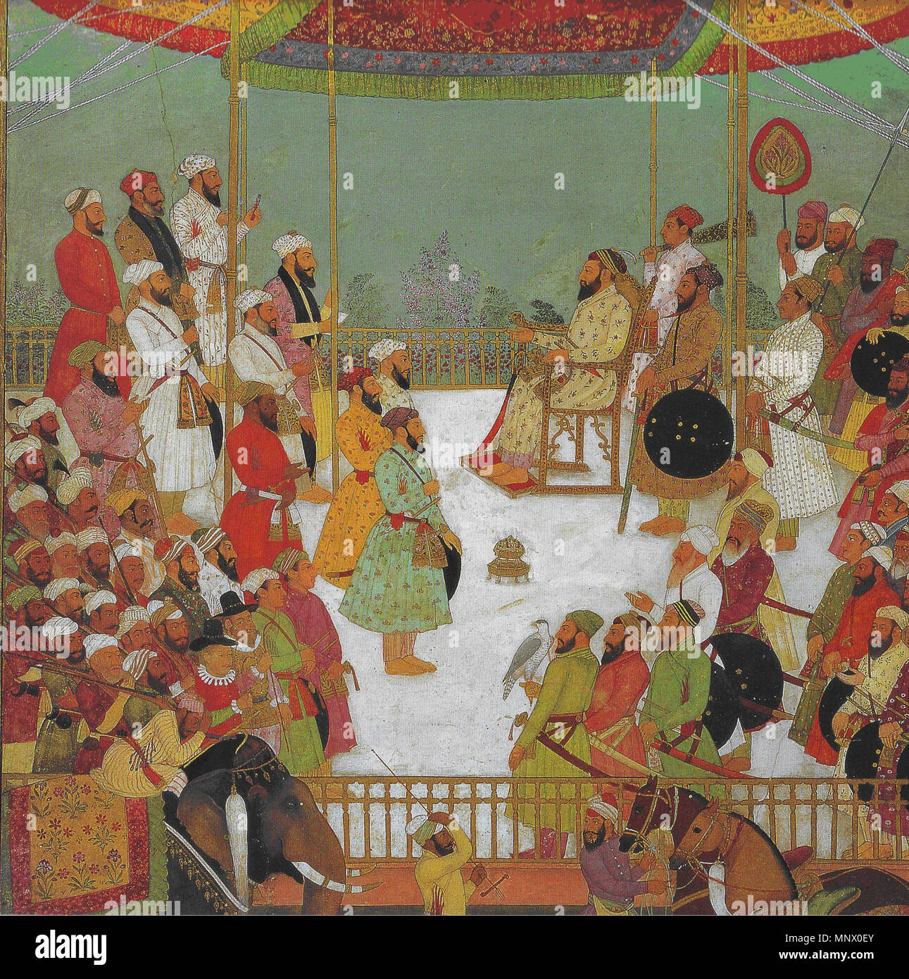 . Sadullah Khan dava udienza, c1655 con tutti i fasti e le circostanze associate con tali occasioni, Sadullah Khan, primo ministro durante il regno di Shah Jahan (1628-1657), è mostrata in questa illustrazione, ca. 1655, presiede un formale incontro cerimoniale, eventualmente riguardanti sia i visitatori stranieri o ministri interni con i quali egli si sta discutendo con gli affari di stato. Shah Jahan la regola è stata caratterizzata dalla tolleranza religiosa e di relativa stabilità politica. 1655. Unknown 1083 Sadullah Khan dava udienza, c1655 Foto Stock