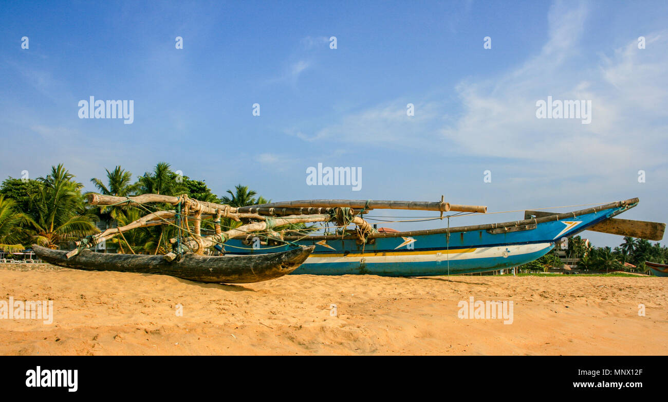 Oruwa tradizionali barche da pesca a Negombo spiaggia, Sri Lanka Foto Stock