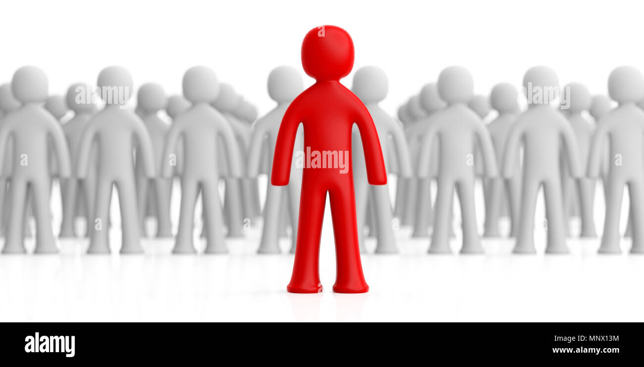 Leader o il concetto di volontariato. Blur folla di white figure umane, uno rosso figura davanti, su sfondo bianco. 3d illustrazione Foto Stock