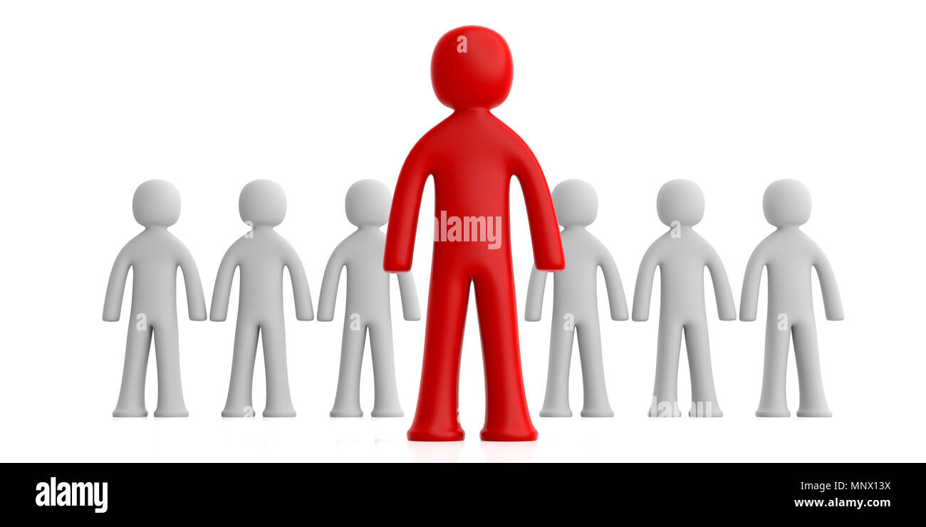 Leader o il concetto di distinzione. Il team di bianco figure umane, uno rosso figura davanti, isolato su sfondo bianco. 3d illustrazione Foto Stock