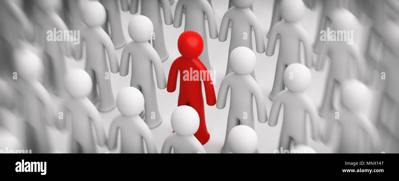 Differenza, concetto di differenziazione. Blur folla di white figure umane, uno rosso figura su sfondo bianco, banner. 3d illustrazione Foto Stock