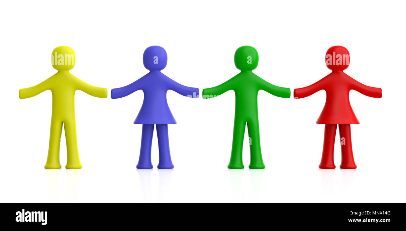 Team, amicizia concetto. Quattro coloratissimi figure umane holding hands isolati su sfondo bianco. 3d illustrazione Foto Stock