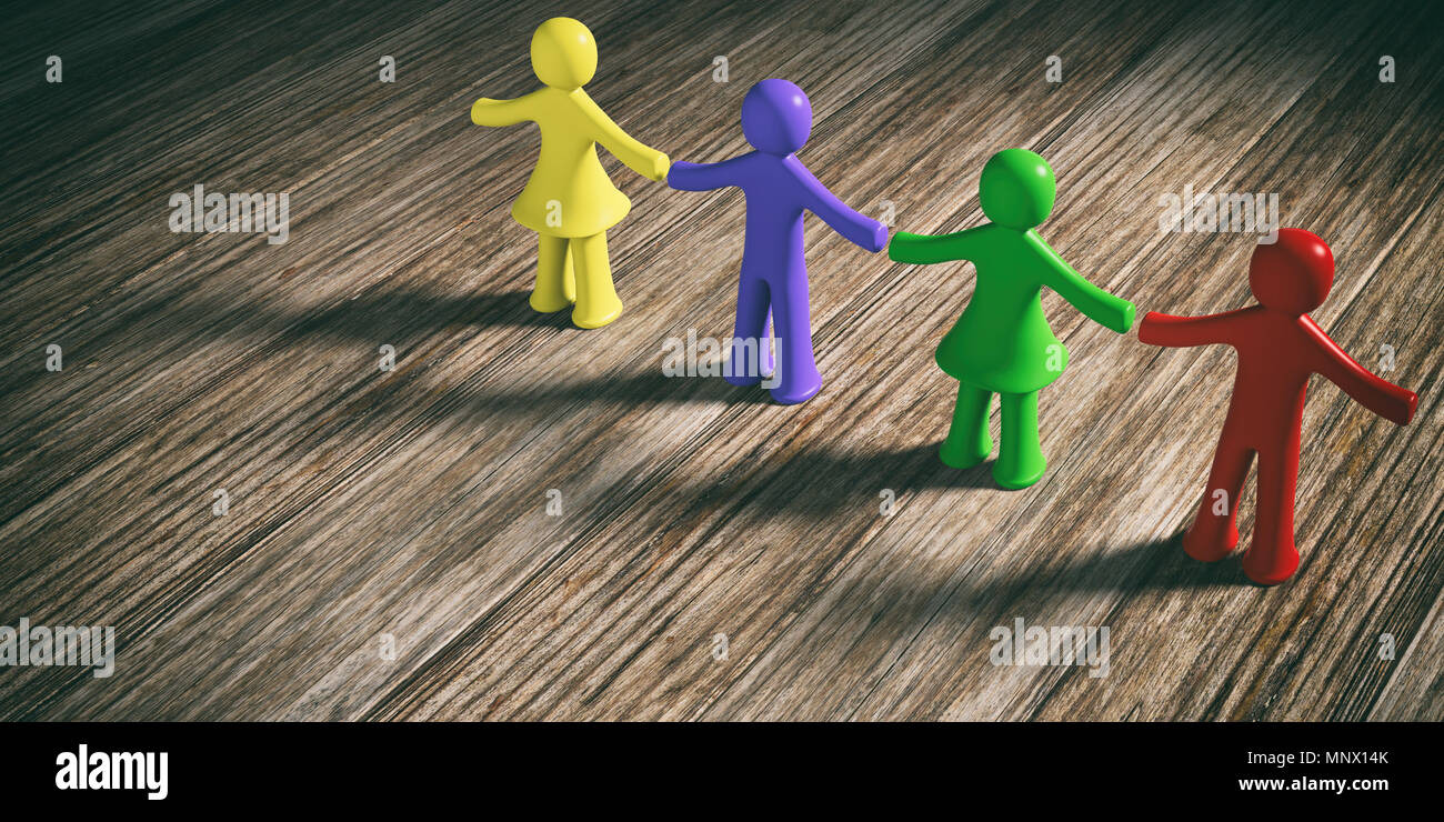 Team, amicizia concetto. Quattro coloratissimi figure umane tenendo le mani su sfondo di legno, copia dello spazio. 3d illustrazione Foto Stock