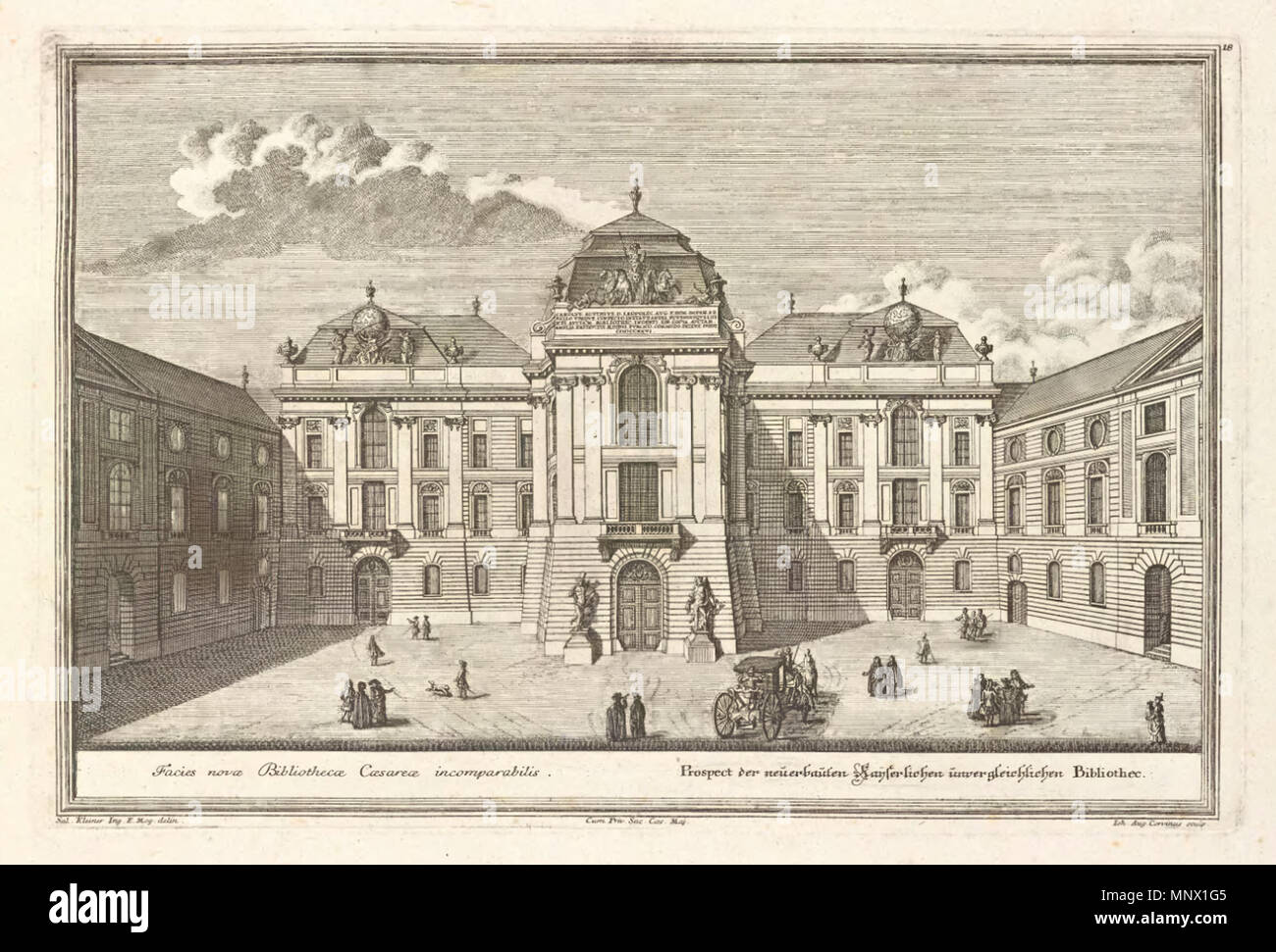 . Inglese: La Josefsplatz a Vienna con la Biblioteca Imperiale, oggi la Biblioteca Nazionale Austriaca. Incisione di Salomon Kleiner, 1733 Deutsch: Der Josefsplatz in Wien mit der Hofbibliothek, heute Österreichische Nationalbibliothek. Stich von Salomon Kleiner, 1733. 1773. Salomon Kleiner 1087 Salomon Kleiner Hofbibliothek am Josefsplatz in Wien Foto Stock