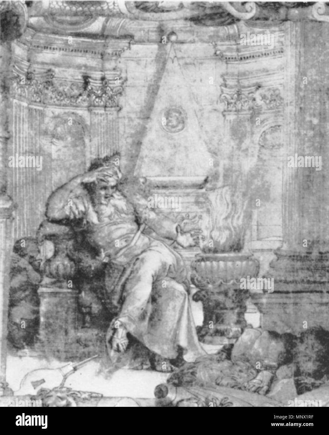 . Inglese: Francesco de' Rossi: inverno, dettagli dalla richiesta di cofinanziamento per il 'Seasons' arazzo serie. Penna e inchiostro marrone, bianco intensificando. Firenze, Uffizi. Sullo sfondo vi è l'unica nota rappresentazione di uno dei piramidali tombe Chigi in Santa Maria del Popolo in forma come Raffaello progettato originariamente di loro. Il 18 gennaio 2017. Francesco de' Rossi (Cecchino del Salviati) 1088 Salviati inverno dettaglio Foto Stock