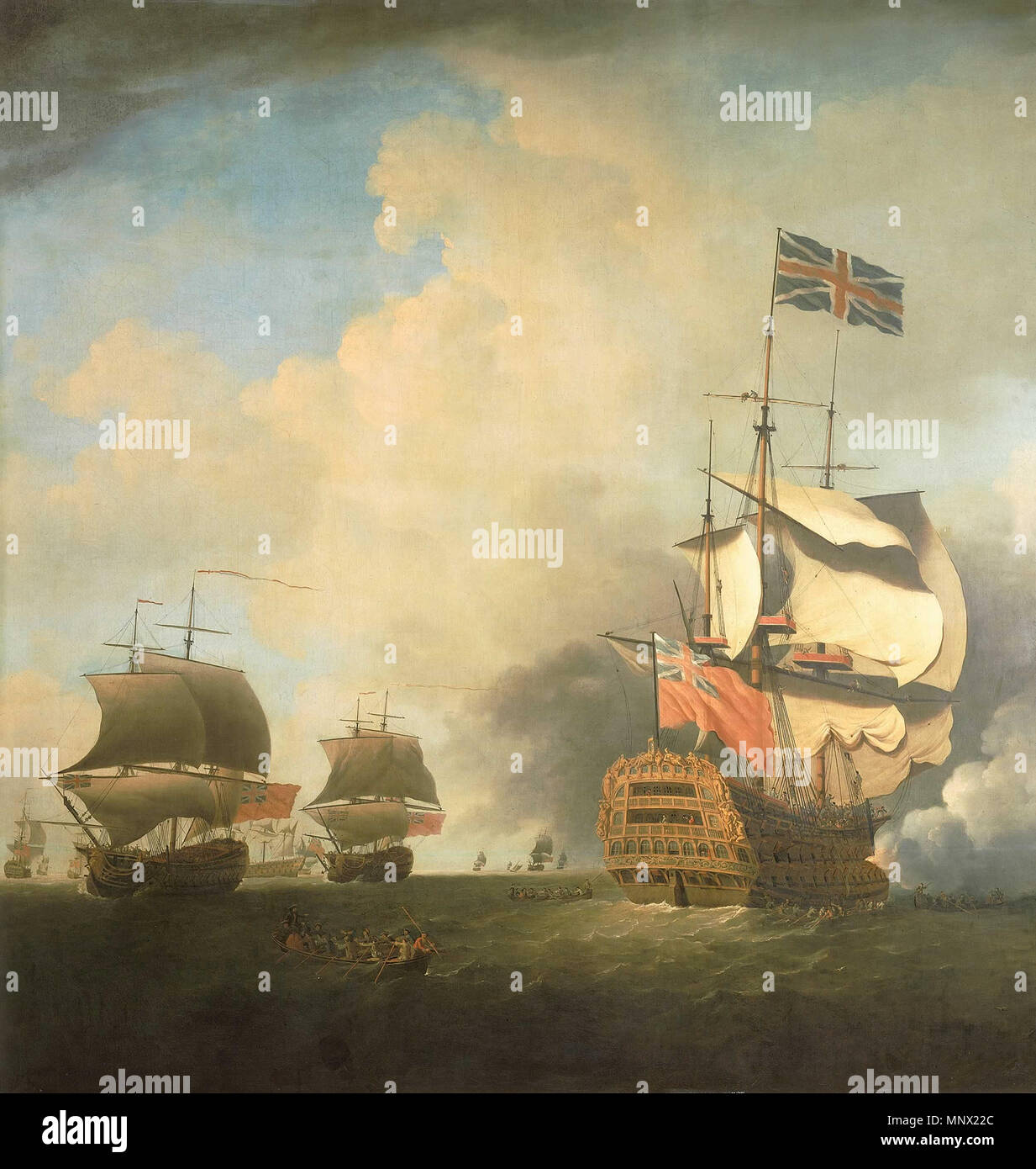 Un primo tasso di accorciamento vela . Una nave ammiraglia, sulla destra è mostrata sia lasciando volare le sue lenzuola per ridurre la velocità, o forse in contraddizione con il moderno titolo, scuotendo la vela per procedere. Vi è qualche dubbio circa l'identità di questa nave, sebbene sia probabilmente il Britannia', 100 cannoni, il solo primo tasso di commissione nella Admiralty elenco alla data del dipinto. In caso affermativo, essa è indicata come nave ammiraglia di Sir John Norris, ammiraglio della flotta e Comandante in Capo nel canale nel 1735, con l'Unione battenti bandiera presso la principale e la Red Ensign dalla poppa. Una pistola è sparare un saluto f Foto Stock