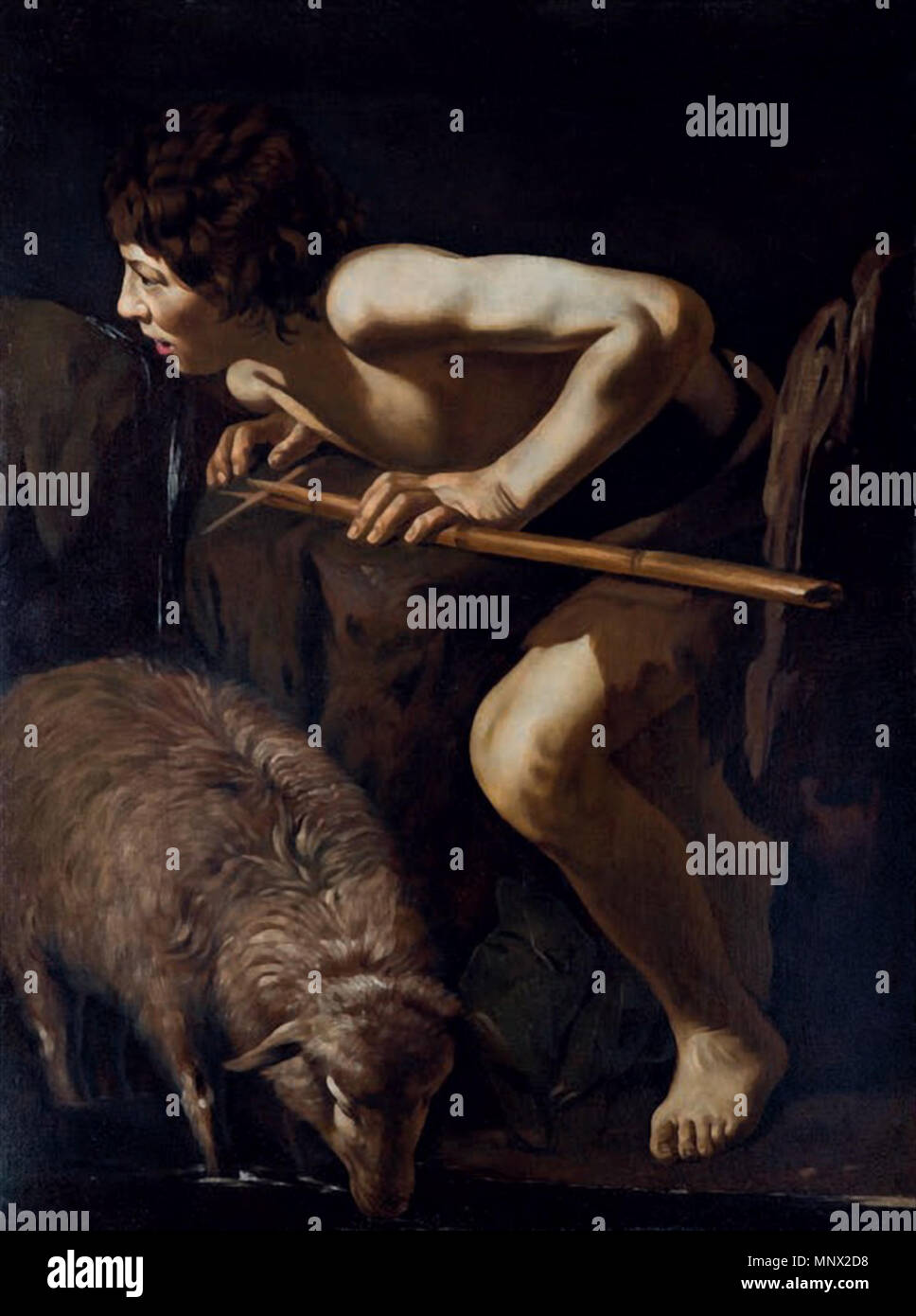 . Italiano: San Giovanni Battista alla fonte . circa 1620. Battistello Caracciolo - Collezione privata 1090 San Giovanni Battista alla fonte - B. Caracciolo Foto Stock