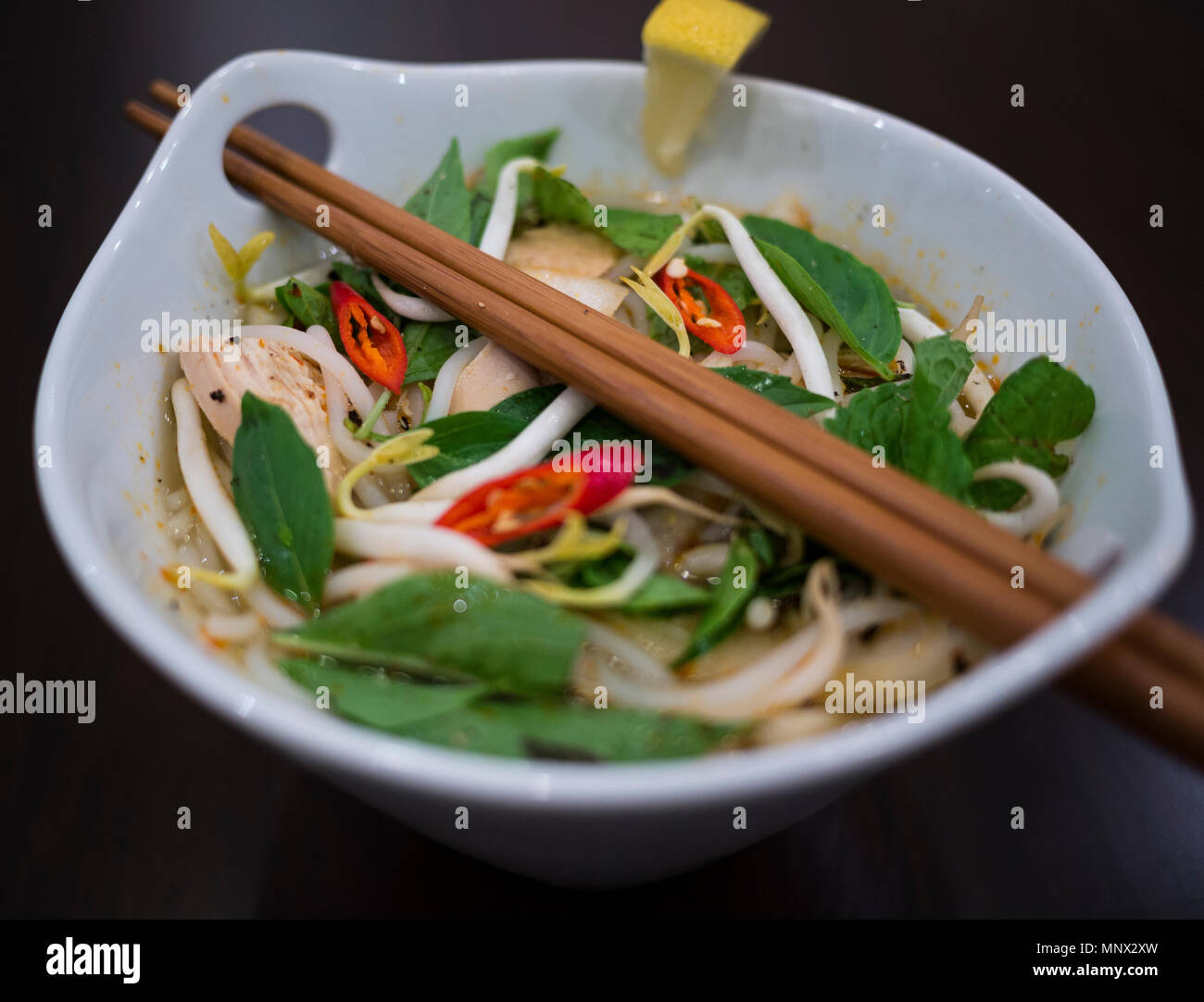Bello e invitante foto di un tradizionale vietnamita zuppa di noodle al pollo, anche sapere come Pho Ga. In una ciotola bianco con sfondo di legno e luxuri Foto Stock