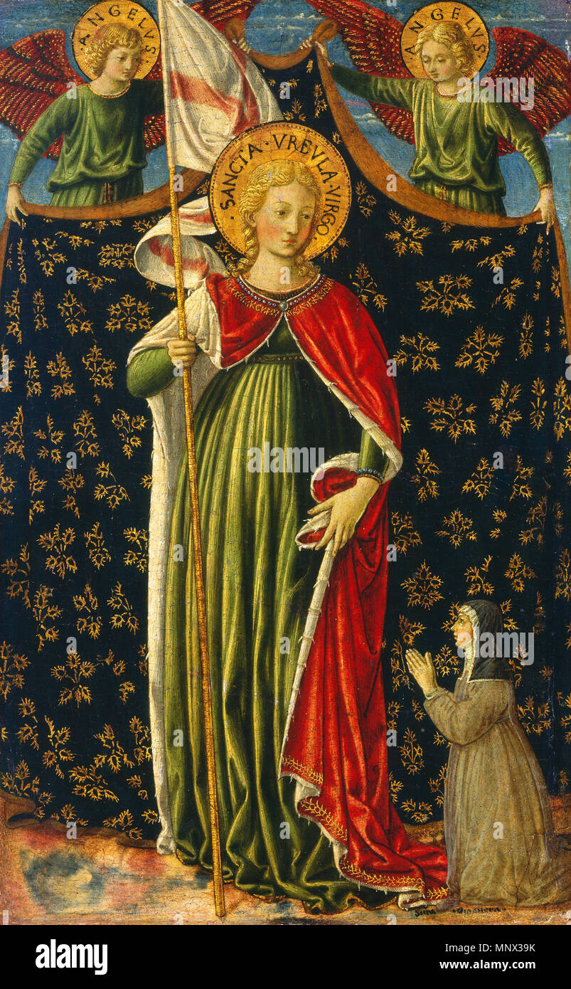 Pittura; tempera su pannello; complessivo: 44,5 x 28,5 cm (17 1/2 x 11 1/4 in.) incorniciato: 60,6 x 41,9 x 5,1 cm (23 7/8 x 16 1/2 x 2 in.); la Santa Ursula con due angeli e donatore di circa 1455-1460. 1094 Sant'Orsola Foto Stock