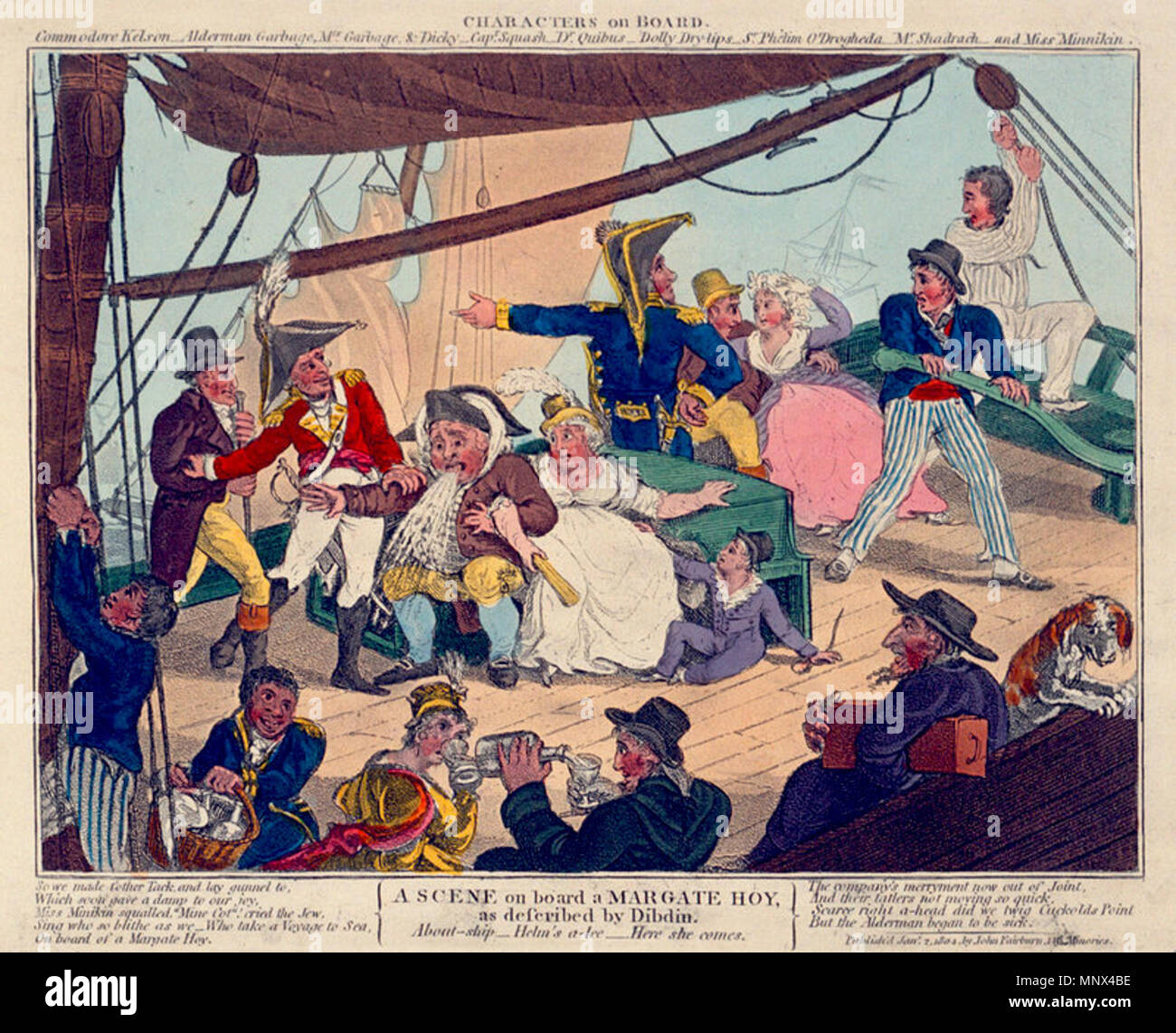 . Inglese: una scena a bordo di una Margate Hoy come descritto da Dibden (caricatura) . Il 2 gennaio 1804. Pubblicato da John Fairburn 1098 scena a bordo di Margate hoy Foto Stock