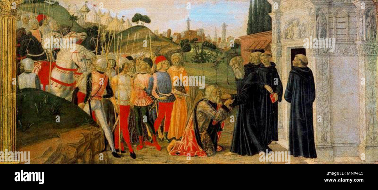 . Scene di vita di san Benedetto Neroccio.jpg . tra il 1473 e il 1475. Neroccio di Bartolomeo de' Landi (1447-1500) nomi alternativi nascita Nome: Neroccio, Neroccio di Bartolomeo de' Landi, Neroccio de' Landi, Neroccio di Bartholomeo di Benedetto de' Landi Descrizione pittore e scultore italiano Data di nascita e morte circa 1447 prima del 26 novembre 1500 Luogo di nascita e morte Siena Siena sede di lavoro autorità senese controllo : Q1398270 VIAF: 95726103 ISNI: 0000 0000 7105 3311 ULAN: 500007415 LCCN: nr91029149 WGA: NEROCCIO de' Landi WorldCat 1099 scene dalla vita di san Benedetto Neroc Foto Stock