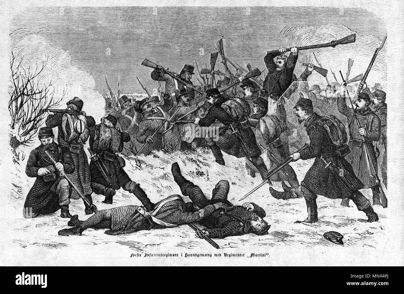 . Inglese: Battaglia di Sankelmark e Oeversee Deutsch: Schlacht um Oeversee und Sankelmark Dansk: Slaget ved Sankelmark og Oversø . 1864. unbekannter Holzschneider aus Kopenhagen (1864) 1100 Schlacht bei Sankelmark und Oeversee Foto Stock