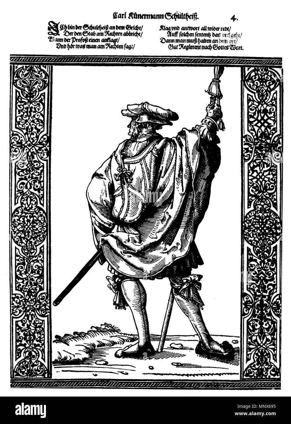 . Deutsch: Ein Schultheiss. Holzschnitt von Peter Flötner . 16. Jahrhundert / XVI secolo. Peter Flötner (1485-1546) nomi alternativi Peter Flotner; Pietro Fletner; Pietro Flettner; Pietro Flodner; Pietro Flattner Descrizione tedesco-svizzero scultore e architetto Data di nascita e morte circa 1485 23 ottobre 1546 Luogo di nascita e morte di Turgovia Autorità di Norimberga controllo : Q73088 VIAF: 126037 ISNI: 0000 0001 2117 362X ULAN: 500002488 LCCN: N87125247 WGA: FLÖTNER, Peter WorldCat 1105 Schultheiss Foto Stock