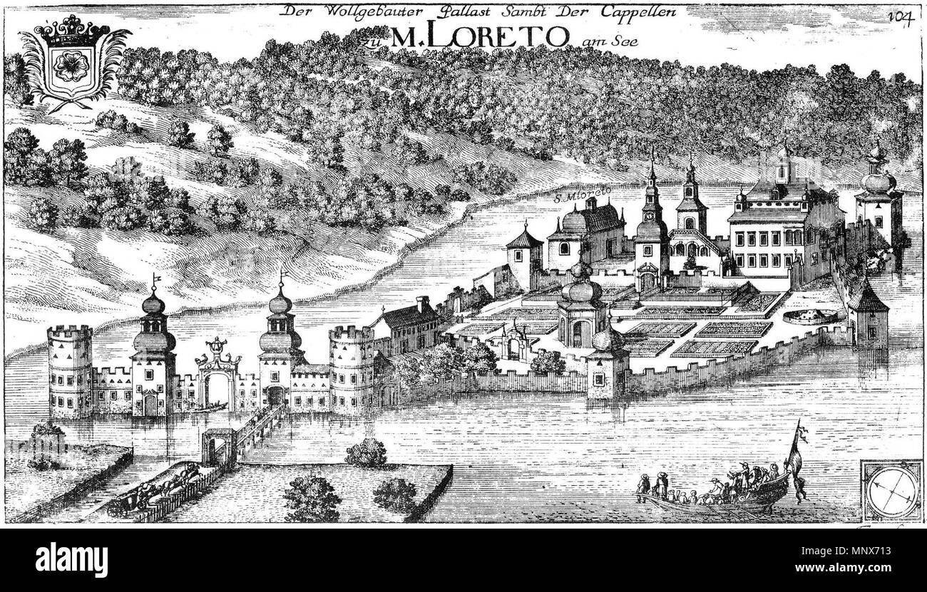 . Deutsch: Schloss Maria Loretto um 1680 in Klagenfurt / Kärnten / Österreich / Europäische Union. Ostansicht. Ansicht gegen Westen. Im Hintergrund der Wörther See und die Maiernigg Alpe. Abbildung aus J.W. Valvasor: topographia" Archiducatus Carinthiae antiquae et modernae completa. Bildtext: "Maria Loreto. Der Palast Maria Loreto / (oder Lauretta) ligt im untern Viertheil / un Mülstätter dem vedere / zwischen Klagenfurt und Velden. Hat den namen von der Capellen / Maria Lauretanea. Così auf der Tafel in dem Wörd-See stehet. Diese isolata ist erhoben / und der vedere gehet um und um. / Von Clagenfurt ge Foto Stock