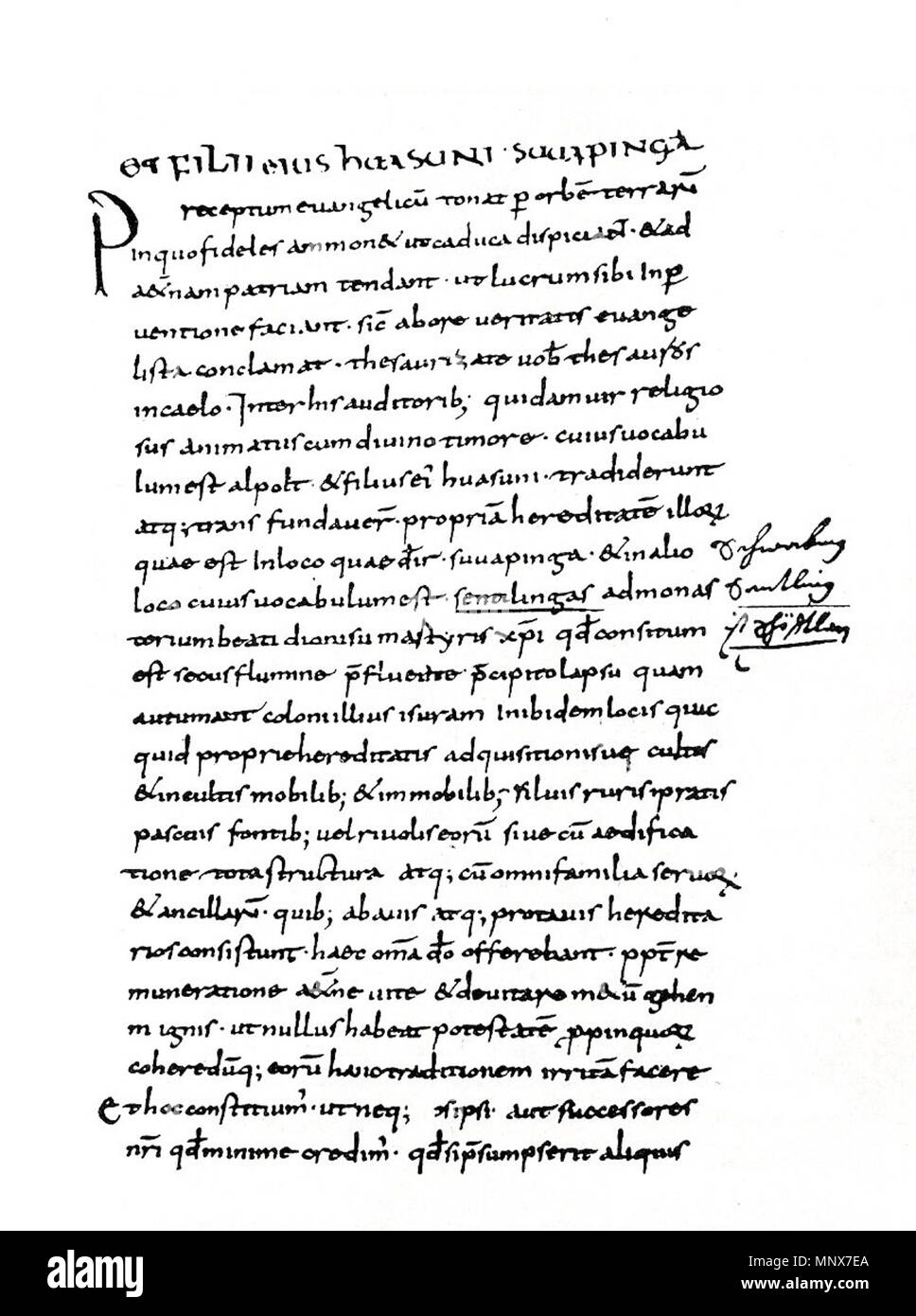 . Schenkung von Besitz in Schwabing und Sendling un das Kloster Schäftlarn im Jahre 782. Dieses Dokument gilt als erste Erwähnung namentliche Sendlings. Es ist enthalten auf fol. 171 des Cozroh-Codex (HStA München, HL Freising 3a) . 782. Leidrat diaconus für den Urkundentext, Cozroh für die Redaktion des Traditionsbuchs um 824 1111 Sendling Storia Codex ca 780 Foto Stock