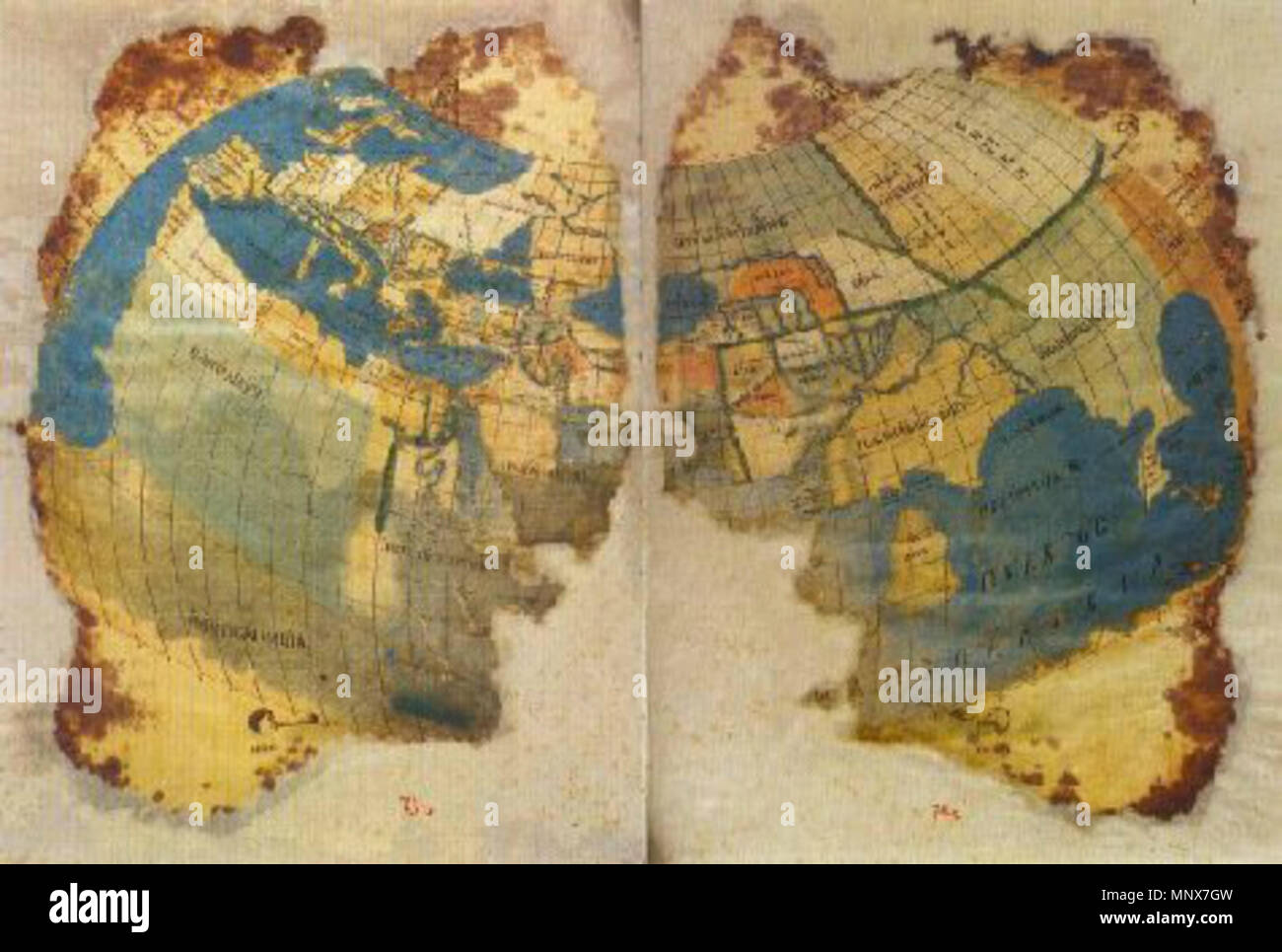 . Inglese: un greco danneggiato mappa del mondo abitato lungo le linee di Tolomeo proiezione 2a. circa 1300. Probabilmente commissionato da Maximus Planudes 1111 Seragliensis 57 Foto Stock