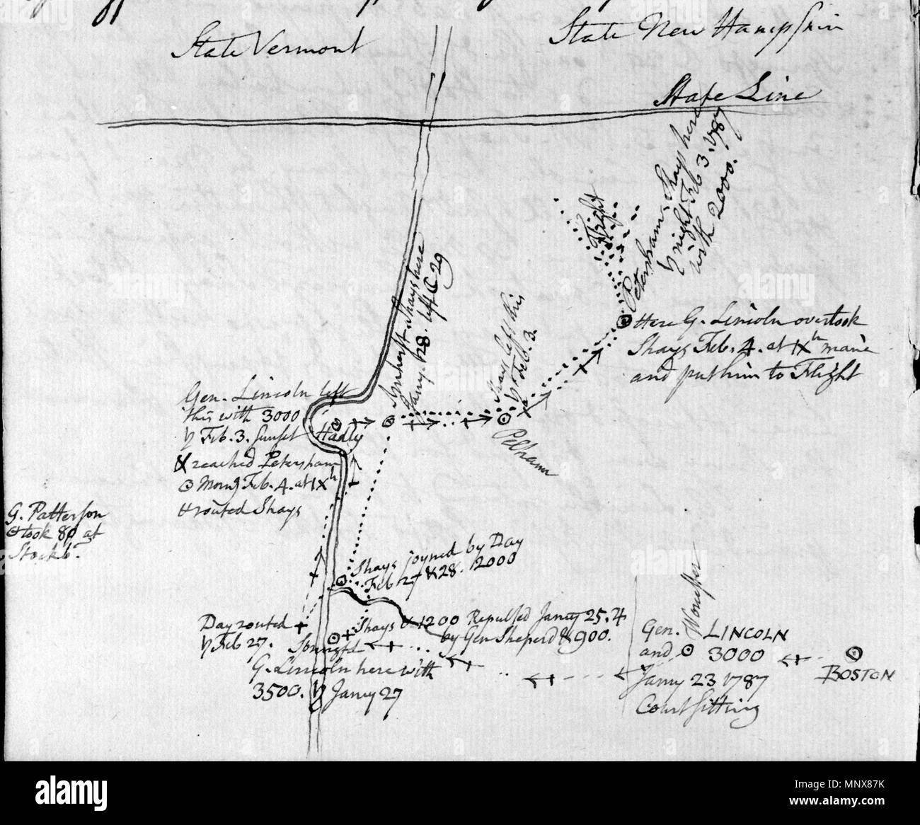 . Disegnate a mano mappa che mostra alcuni dei movimenti di forza in w:Shays' ribellione. Realizzato da Yale College Presidente Ezra montanti da notizie della ribellione di eventi. 1787. Esdra montanti (1727 - 1795) 1114 ShaysRebellionMapByEzraStiles Foto Stock