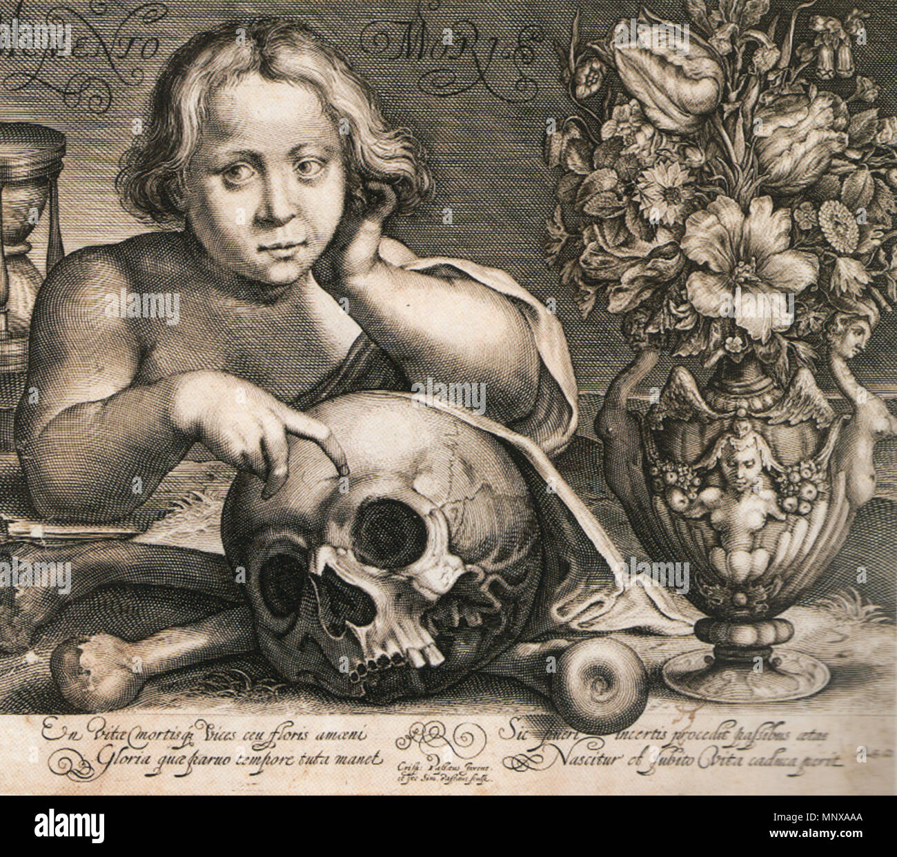 . Inglese: 'Memento mori' incisione di Simon van der Passe dopo Crispyn van der Passe il vecchio . 1612. Simon van der Passe dopo Crispyn van der Passe il vecchio 1121 Simon de passe mementomori Foto Stock
