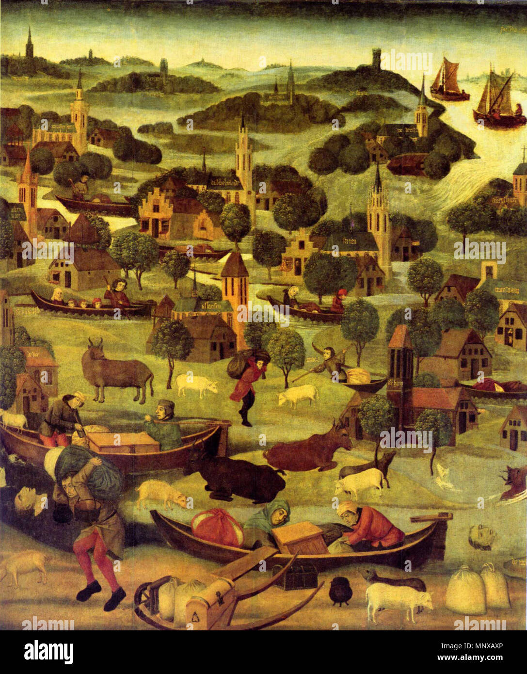 Esterno l'ala destra di una pala con la St Elizabeth's Day flood, 18-19 novembre 1421, con il dicco rotto a Wieldrecht.[1] circa 1490-1495. 1123 Sint Elisabethsvloed 1421 Foto Stock