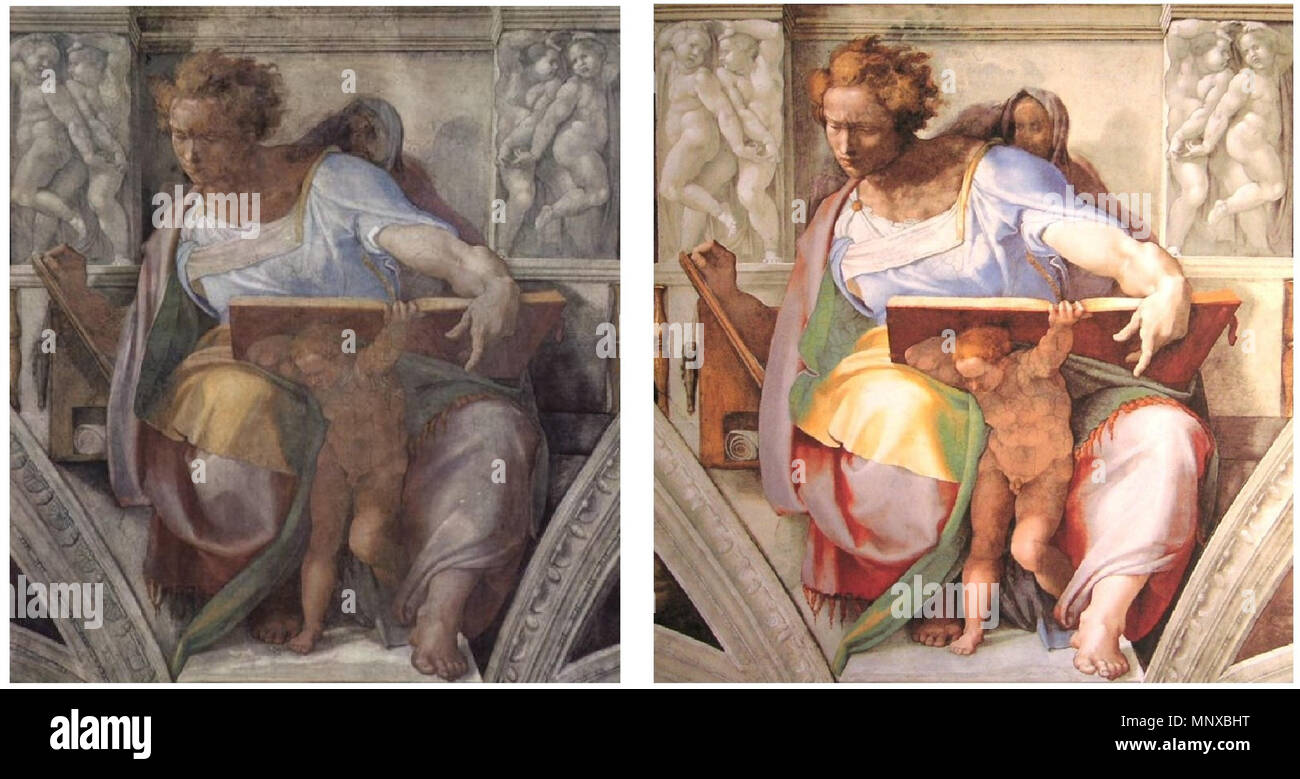 Cappella Sistina, il profeta Daniele prima e dopo il restauro . 1505. 1126 Cappella  Sistina Daniel beforandafter Foto stock - Alamy