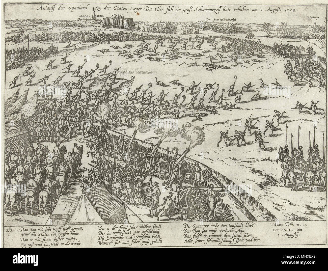 . Inglese: attacco spagnolo sull'esercito di Staten, 1 agosto 1578 Nederlands: Spaanse aanval op het Staatse leger met een grote schermmutseling 1. Augusto 1578 . tra il 1578 e il 1580. Frans Hogenberg 1128 scoria bij Rijmenam, 1578 Foto Stock