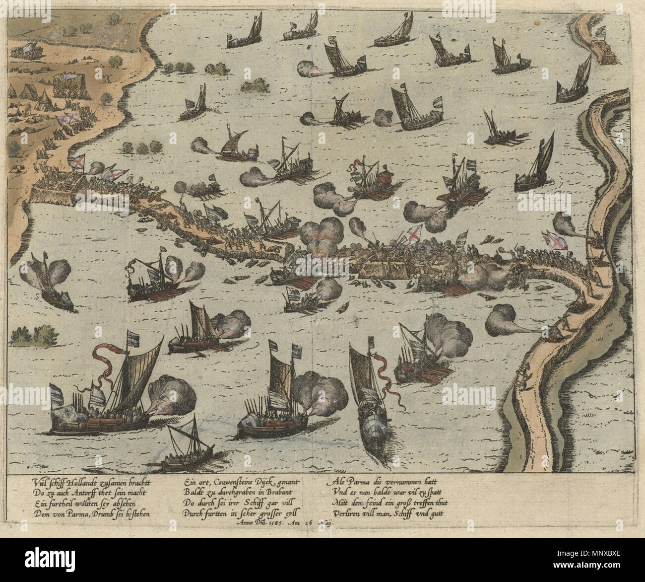 . Inglese: battaglia sul Kauwensteinse dike, 26 mai 1585, attacco da Statenarmy e navi da Sealand sulla diga Nederlands: Scorie op de Kauwensteinse dijk, 26 mei 1585. Aanval van het Staatse leger en Zeeuwse schepen op de dijk. Tra il 1585 e il 1587. Frans Hogenberg 1128 scoria op de Kauwensteinsedijk Foto Stock