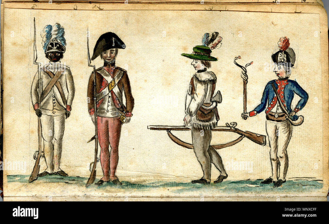 Русский: Солдаты, одетые по форме Français : Soldats en uniforme inglese: soldati in uniforme 中文: 身穿制服的士兵们 Português: Soldados de Uniforme العربية: جنود يرتدون الزي العسكري Español: Soldados de uniforme . Русский: Этот акварельный рисунок времен американской Войны за независимость принадлежит кисти Жана Батиста Антуана де Верже (1762-1851) -французского художника, который лично участвовал в войне в качестве младшего лейтенанта полка французского и вел иллюстрированный журнал военных событий. На этом акварельном рисунке из журнала показана группа солдат, сражающихся за независимость Америки. С Foto Stock