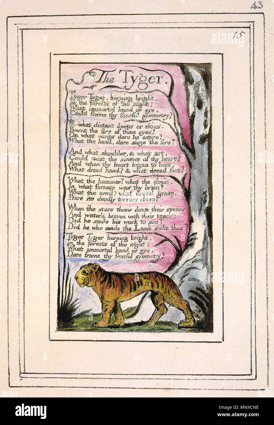 . Inglese: canti di innocenza e di esperienza copia R oggetto 44 Il Tyger . 1808. William Blake (1757-1827) nomi alternativi W. Blake; Uil'iam Bleik Descrizione British pittore, poeta, scrittore, teologo, collezionista e incisore, Data di nascita e morte 28 novembre 1757 12 agosto 1827 Luogo di nascita e morte Broadwick Street Charing Cross sede di lavoro London Authority control : Q41513 VIAF: 54144439 ISNI: 0000 0001 2096 135X ULAN: 500012489 LCCN: N78095331 NLA: 35019221 WorldCat 1131 canzoni di innocenza e di esperienza copia R oggetto 44 Il Tyger Foto Stock