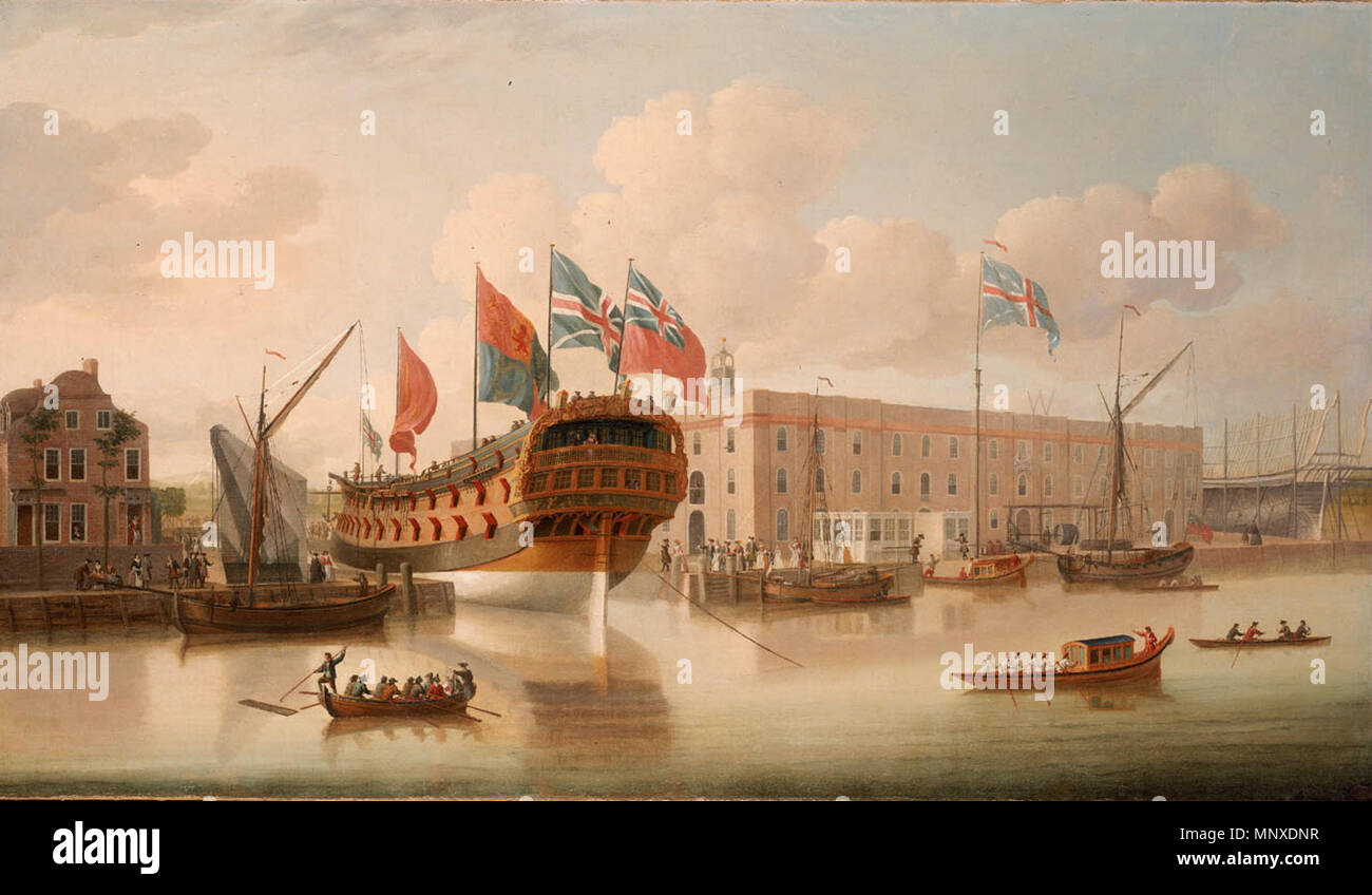 Il 'St Albans' fatta galleggiare a Deptford, 1747 . Il dipinto rappresenta la 'St Albans', 60 cannoni man-di-guerra costruita presso il Royal Dockyard, Deptford nel 1747. È raffigurato essendo fatto galleggiare fuori del suo edificio dock, battenti Admiralty bandiera, il Royal Standard, bandiera europea e una Red Ensign. L'edificio a sinistra con alberi di fronte ad essa e una figura femminile in piedi la porta indossando un grembiule è il master shipwright's house. Questo è stato costruito per il Master Shipwright a Deptford, Joseph Allen, nel 1708, insieme con il dockyard uffici costruito intorno al 1710. L'edificio a destra, con il cloc Foto Stock