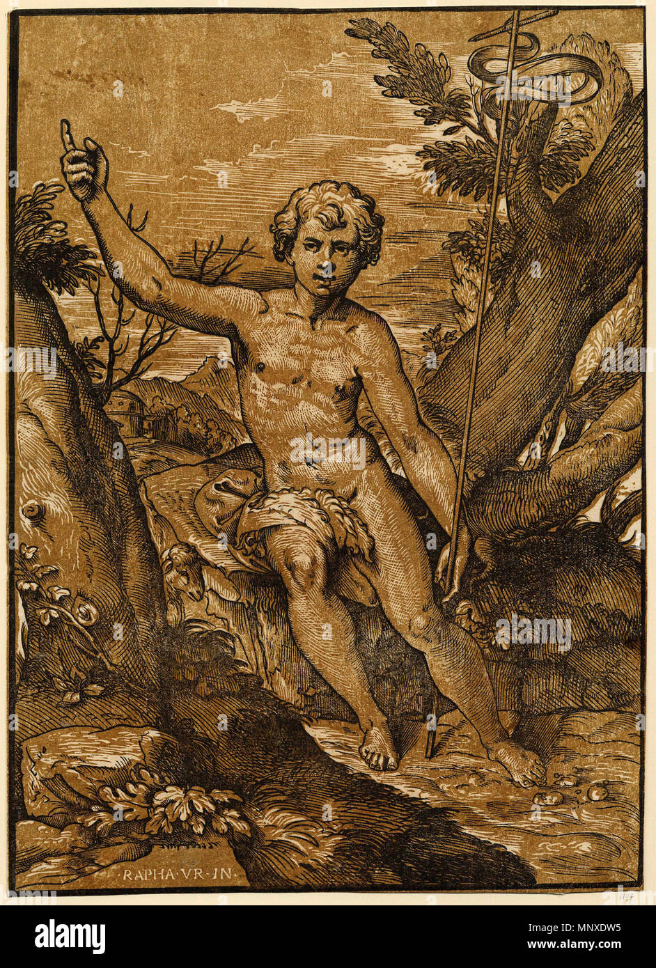 . Inglese: incisione a legno in chiaroscuro, dimensioni 382 x 277 mm, inscritto in basso a sinistra: "RAPHA.VR.NELL'. La composizione è correlato a un dipinto nella Galleria degli Uffizi, inv. n. 1446, di incerta attribuzione a Raffaello, Giulio Romano, o un altro membro del workshop e un disegno degli Uffizi (inv. n. 545 E). La stampa è da Ugo ai primi del periodo romano e influenze da Dürer e Tiziano può essere osservata in circa 1517. Ugo da Carpi 1136 San Giovanni Battista predicare nel deserto - Incisione a legno in chiaroscuro di Ugo da Carpi dopo Raphael c.1517 - Museo di Belle Arti di Budapest Ungheria Foto Stock
