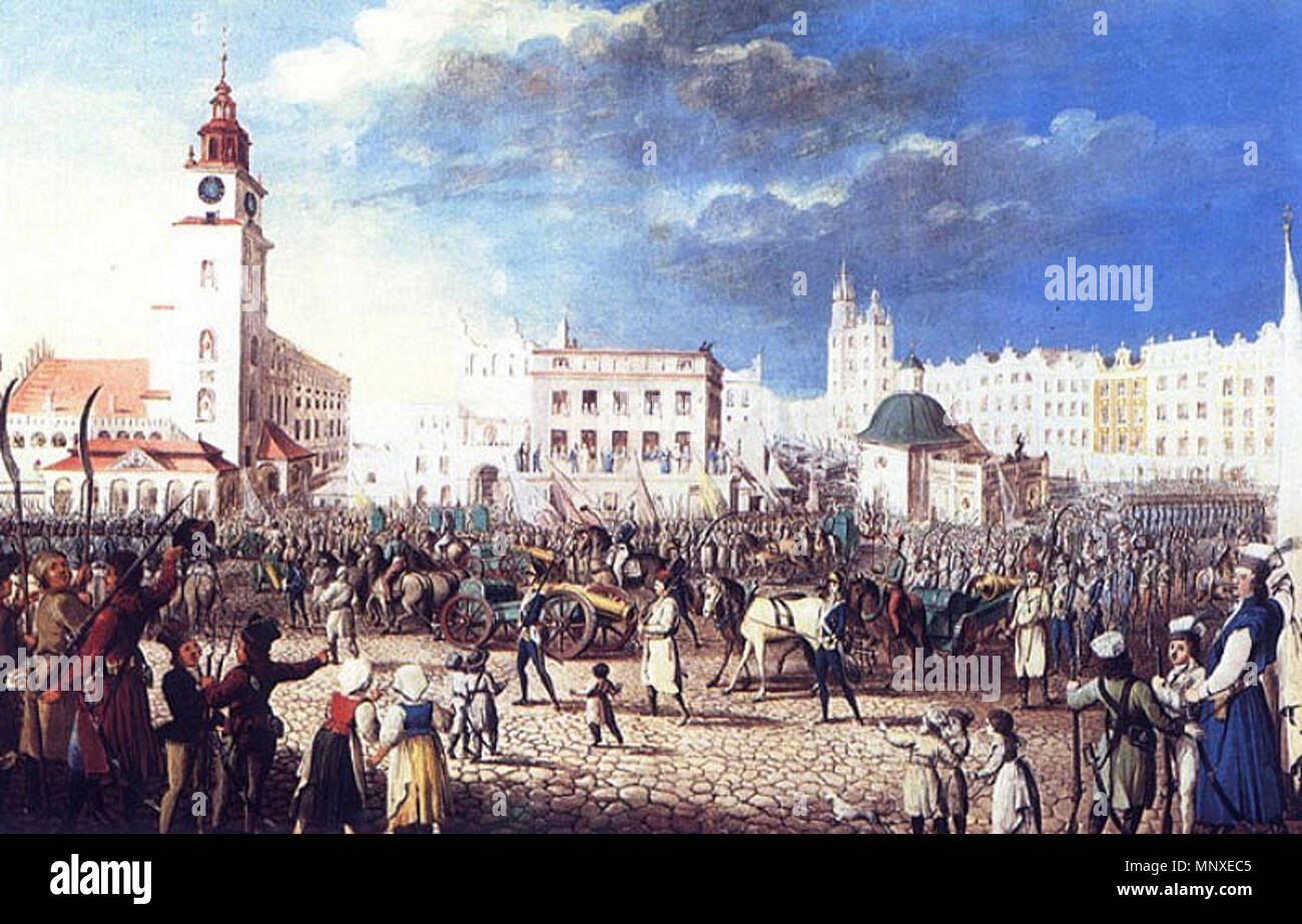 . Polski: Wprowadzenie na rynek krakowski dział rosyjskich zdobytych pod 4.04.1794 Racławicami r. Gwasz z 1804 roku. Deutsch: Gemälde von Michał Stachowicz - Truppenaufmarsch zur Schlacht von Racławice am 4. Aprile 1794 . 1804. Michał Stachowicz (1768-1825) nomi alternativi Michal Stachovitch; Michal Stachowicz DESCRIZIONE Polish pittore e incisore, Data di nascita e morte 14 Agosto 1768 26 marzo 1825 Luogo di nascita e morte Cracovia Polonia Cracovia posizione di lavoro autorità di Cracovia controllo : Q4441365 VIAF: 96416222 ULAN: 500099401 GND: 1018111115 RKD: 74525 1139 Stachowicz Truppenaufmarsc Foto Stock