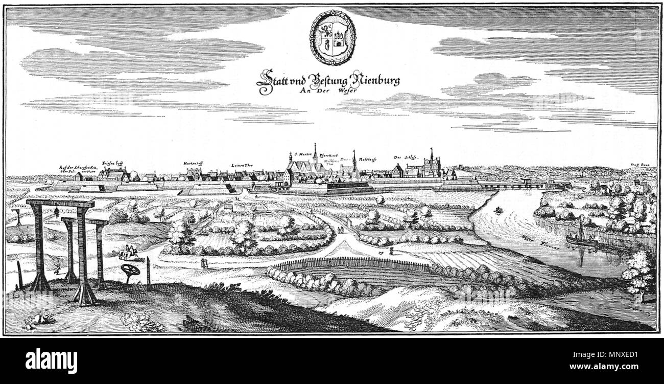 . Copperplate svizzero incisore e Publisher 1139 Stadt und Festung Nienburg um 1650 Foto Stock