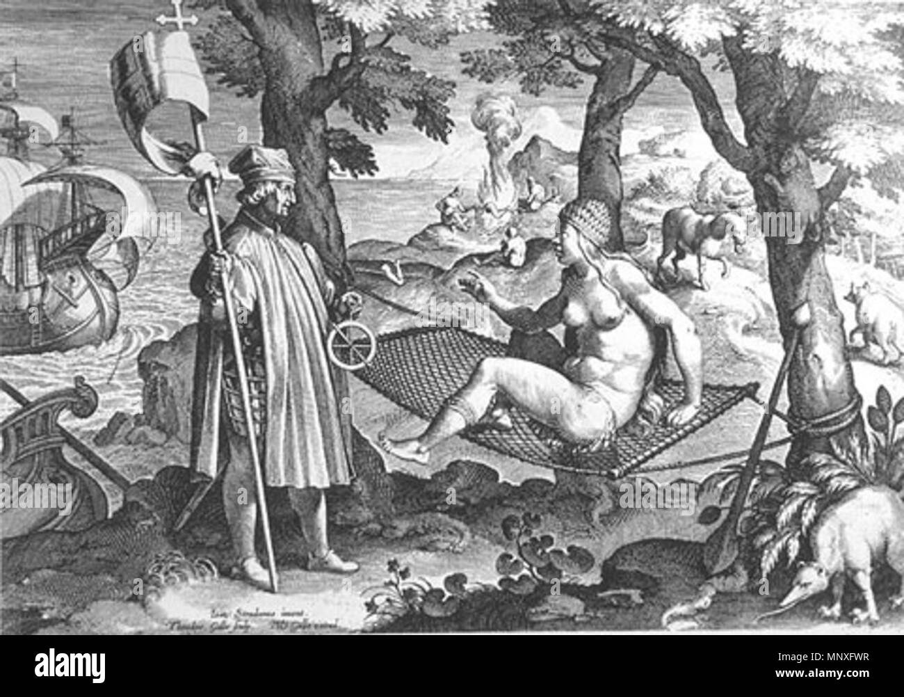 Allegoria dell'America. Inglese: Amerigo Vespucci si risveglia un sonno America. Theodor Galle ha fatto una replica dopo Johannes Stradanus. . Tra 1575 e 1580. Stradanus (1523-1605) nomi alternativi Jan van der Straet, Giovanni della Strada, Johannes della strada, di Giovanni Stradano, Johannes Stradano, Giovanni Stradanus, Johannes Stradanus, Jan van Straeten, Jan van Straten Descrizione pittore fiammingo e disegnatore Data di nascita e morte 1523 2 Novembre 1605 Luogo di nascita e morte Bruges Firenze sede di lavoro Anversa (1545), Firenze (circa 1550-1605), Roma (circa 1550-1553) Aut Foto Stock