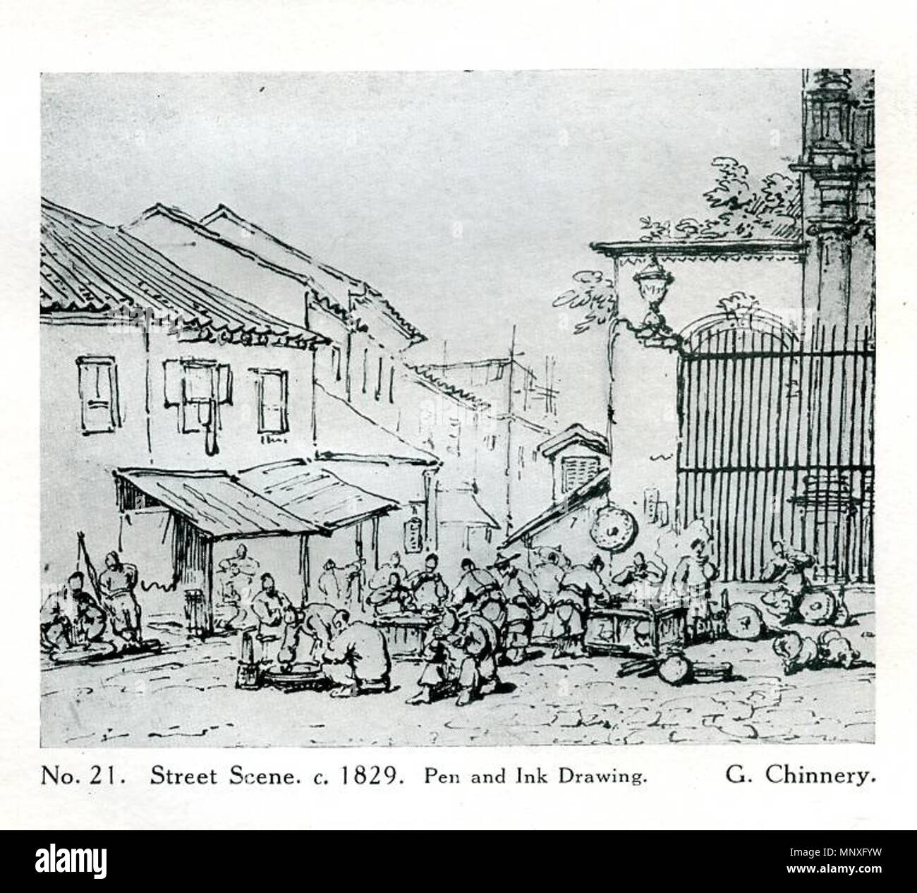 . Inglese: Penna e inchiostro disegno di una scena di strada a Macao. circa 1829. George Chinnery (1774-1852) nomi alternativi Qiannali; geo. chinnery; Chinnery; chinnery geo Descrizione pittore inglese Data di nascita e morte 5 Gennaio 1774 30 Maggio 1852 Luogo di nascita e morte Londra Macau posizione di lavoro Londra (c. 1789-1796), Bristol (1796-1797), di Dublino (1797-1802), Chennai (1802-1807), Kolkata (1807-1825), Guangzhou, Macao (1825-1852), Hong Kong (1846) Autorità di controllo : Q3089402 VIAF: 52499366 ISNI: 0000 0000 6677 5782 ULAN: 500124758 LCCN: N50038153 NLA: 35676900 WorldCat 1147 Street scene, Foto Stock