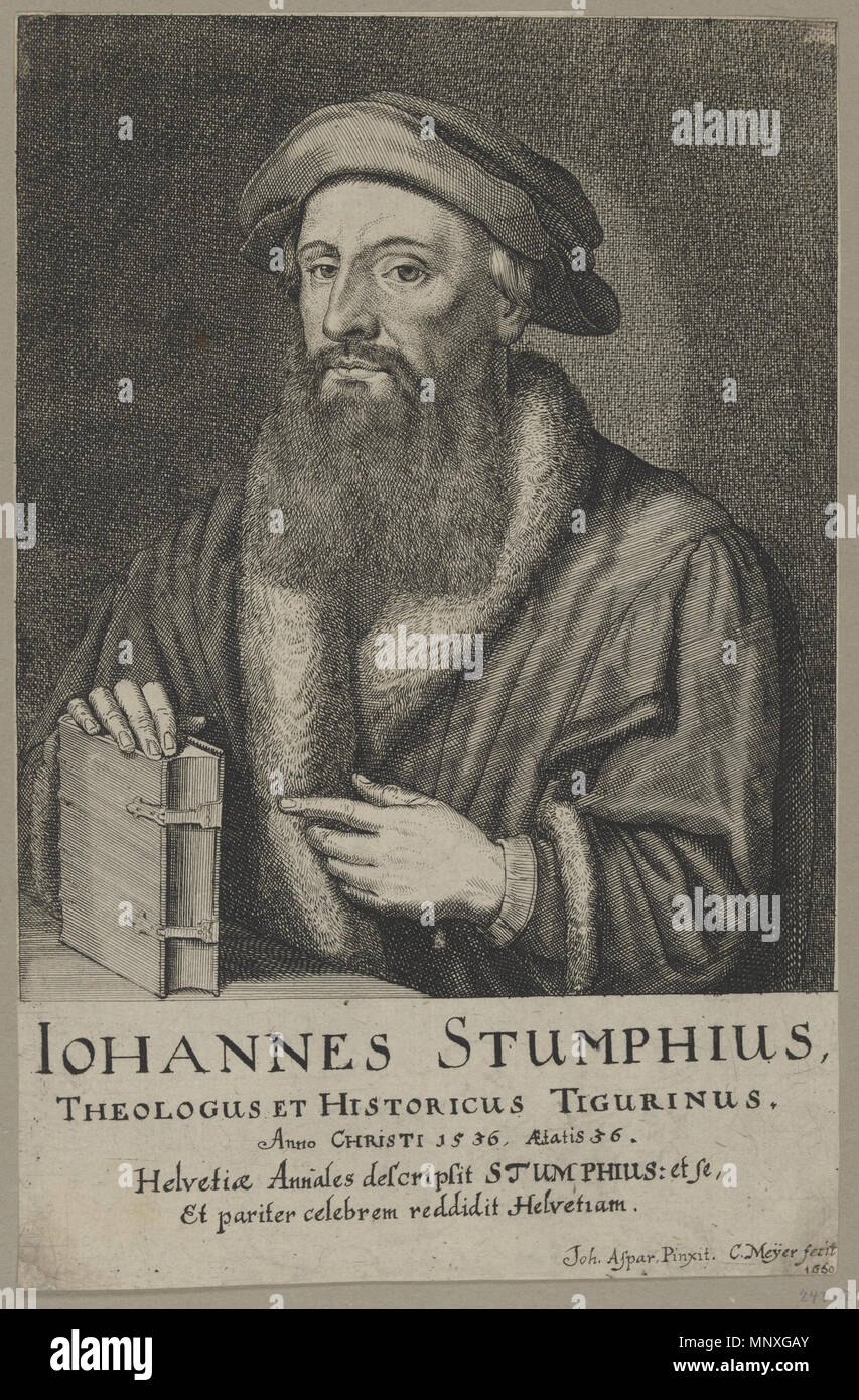 . Deutsch: Johannes Stumpf im Alter von ca. 36 Jahren. Radierung von Conrad Meyer (1618-1689) aus dem Jahr 1662 nach einer Vorlage eines Gemäldes von Hans Asper, 1536 heute im Landesmuseum Zürich. . 1536. caricare da Adrian Michael 1148 Stumpf ritratto Foto Stock