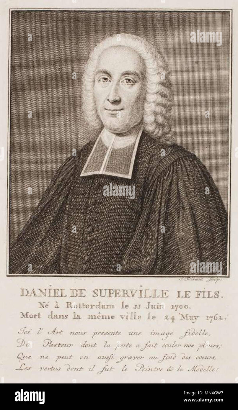 . Inglese: Ritratto di Daniel de Superville (le Fils) (1700-1762) da Jacob Folkema Kupferstich, 234 x 146 mm (Blatt); 177 x 112 mm (Platte) Wolfenbüttel, Herzog August Bibliothek, Inventar-Nr. Un 21536 Literatur: Mortzfeld un 21536 . dopo 1762, prima del 1767. Jacob Folkema (1692-1767) nomi alternativi J Folkema; Jakob Folkema; Isidor Coridon Fidelle Folkema Descrizione designer olandese e incisore, Data di nascita e morte 18 agosto 1692 1767 Luogo di nascita e morte Dokkum Amsterdam posizione Lavoro Amsterdam (1712 - 1767) Autorità di controllo : Q32957 VIAF: 36999435 ISNI: 0000 0001 1567 1083 ULA Foto Stock