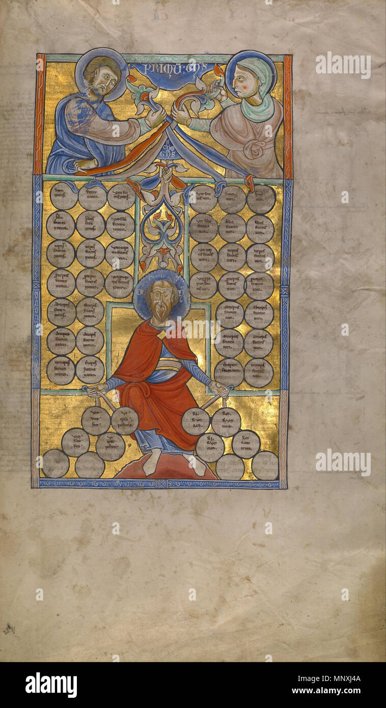 Tabella di affinità . Tabella di affinità di questa immagine è disponibile per il download gratuitamente sotto il Getty aperto contenuto Programma. Sconosciuto francese, Parigi o Sens, circa 1170 - 1180 tempere, foglia oro e inchiostro su pergamena 17 7/16 x 11 7/16 in. MS. LUDWIG XIV 2, FOL. 228 Tabella di affinità serve come un telecomando per la tabella di consanguineità nella sezione sul matrimonio di Graziano's Decretals. Questa tabella mostra le relazioni che un marito e una moglie a sopportare di ogni altro le famiglie. La sezione superiore del diagramma contenente il marito e la moglie, qui opportunamente etichettato Adamo ed Eva, ho Foto Stock