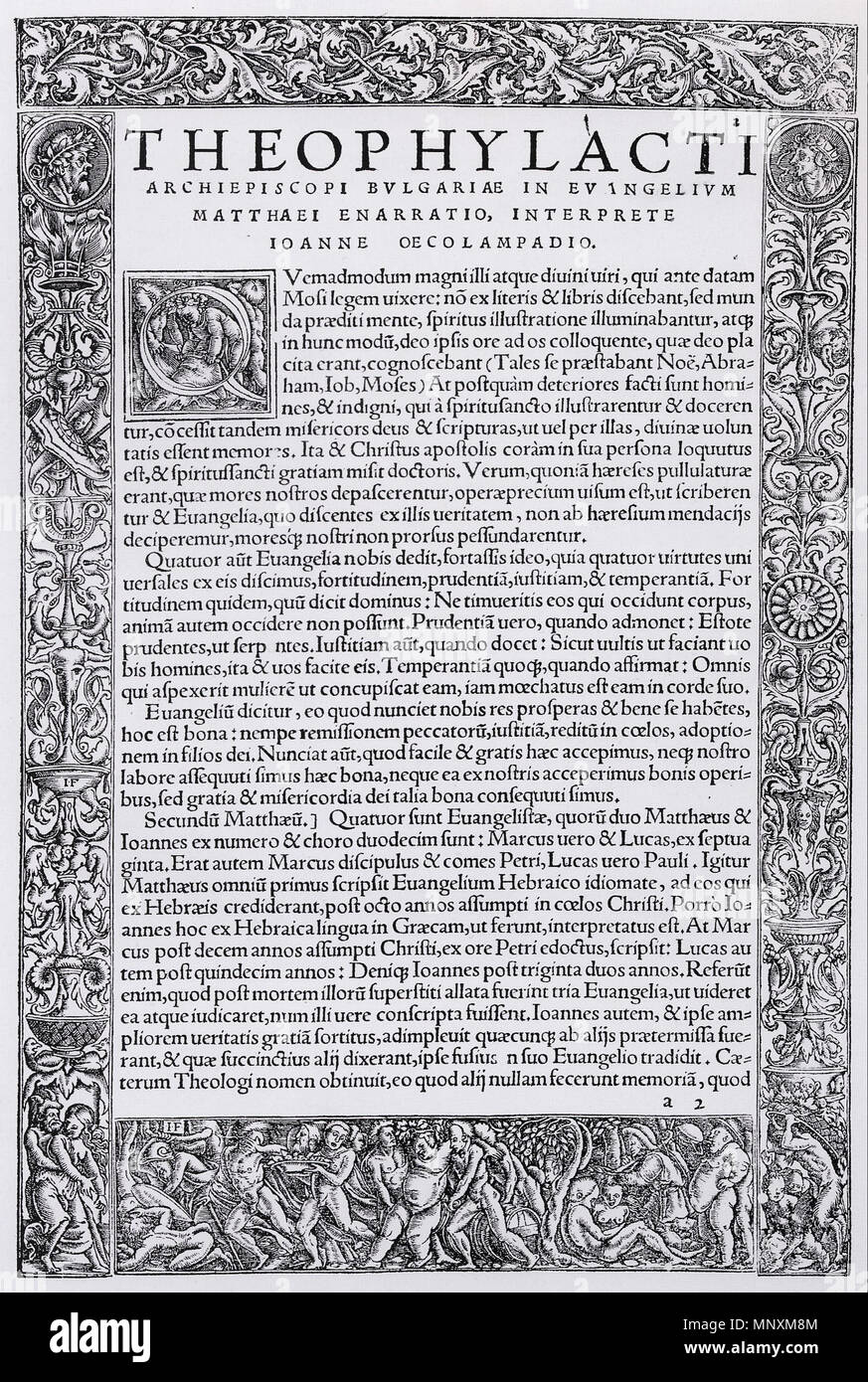 . Inglese: Testo pagina confine con Bacco). Metalcut, immagine 26,1 × 17,2 cm, foglio 29,7 × 20,4 cm, il Kunstmuseum di Basilea. Utilizzato in Johannes Oecolampadius's Kommentar zu Theophylactus Bulgariae Archiepiscopus, 'In quator Evangelia enarrationes' , Basel: Andreas Cratander, marzo 1524. I quattro bordi non sembrano essere stati progettati originariamente per andare insieme (Christian Rümelin, in Müller et al, p. 453). 1523. Hans Holbein (1497/1498-1543) nomi alternativi Hans Holbein der Jüngere, Hans Holbein Descrizione tedesco pittore e disegnatore Data di nascita e morte 1497 o 1498 tra il 7 ottobre 1 Foto Stock