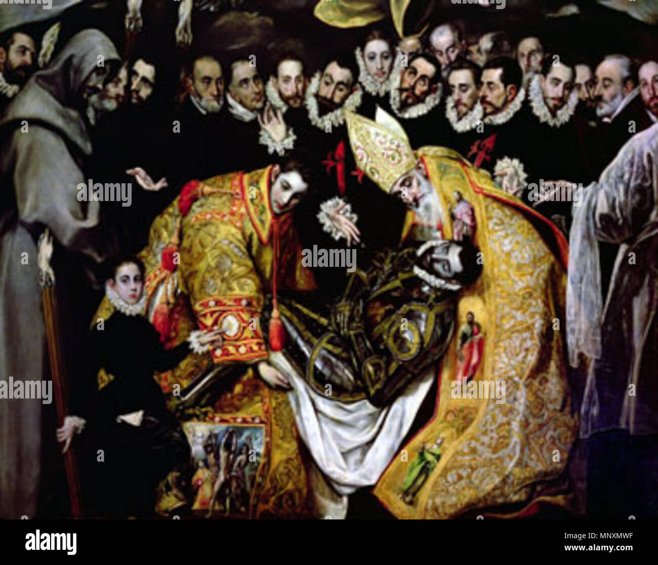 <i>la sepoltura del Conte Orgaz</i> di El Greco, che può essere visto in Toledo la Iglesia de Santo Tomé. Spagnolo: El entierro del Conde de Orgaz (detalle) la sepoltura del Conte di Orgaz (dettaglio) . Español: El entierro del Señor de Orgaz, más conocido como el entierro del Conde de Orgaz, es onu óleo sobre lienzo pintado en estilo manierista por el Greco entre los años 1586 y 1588. Fue realizado para la Iglesia de Santo Tomé de Toledo, (España), donde aun permanece, y es considerada una de las las mejores obras de su autor. El cuadro rappresentanouna el milagro en el que, según la tradición, San Esteban Foto Stock