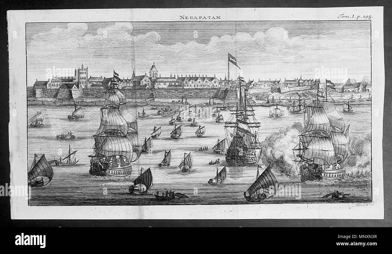 . Inglese: l affollata costa di Coromandel porto di Negapatam, in una vista dal 1702 Fonte: ebay, Sett. 2004 "Questa vista di Negapatan sulla costa sud dell India è stato pubblicato nel 1702 edizione francese del Recueil des voyages .... traduzione dall'olandese 1645 edizione di iniziare ende voortgangh van de vereenighde Nederlantsche Geoctroyeerde Oost-Indische Compagnie, la collezione originale di conti di viaggio riguardanti la Dutch East India Company. La versione olandese è considerato come uno dei più importanti di viaggio olandese conti pubblicati nel XVII secolo." . 1702. onknown 1171 affollato Corom Foto Stock