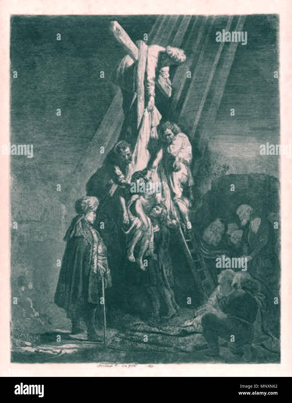 La discesa dalla Croce: la seconda piastra 1633. 1172 La discesa dalla Croce di Rembrandt Foto Stock