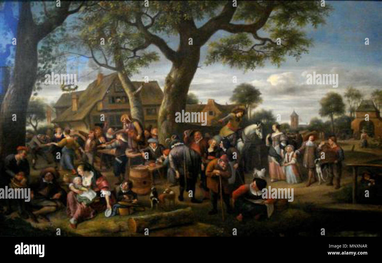 La fiera a Warmond . Nederlands: Dorpsfeest te Warmond. ca. 1660 olio su tela. 114 × 183 cm (44,8 × 72 in). Collezione privata. Questo oggetto è indicizzato in RKDimages, database dell'Istituto olandese per la storia dell'arte, al di sotto del riferimento 58647. Čeština | English | français | македонски | Nederlands | +/- . circa 1660. 1173 La fiera a Warmond da Jan Steen Foto Stock