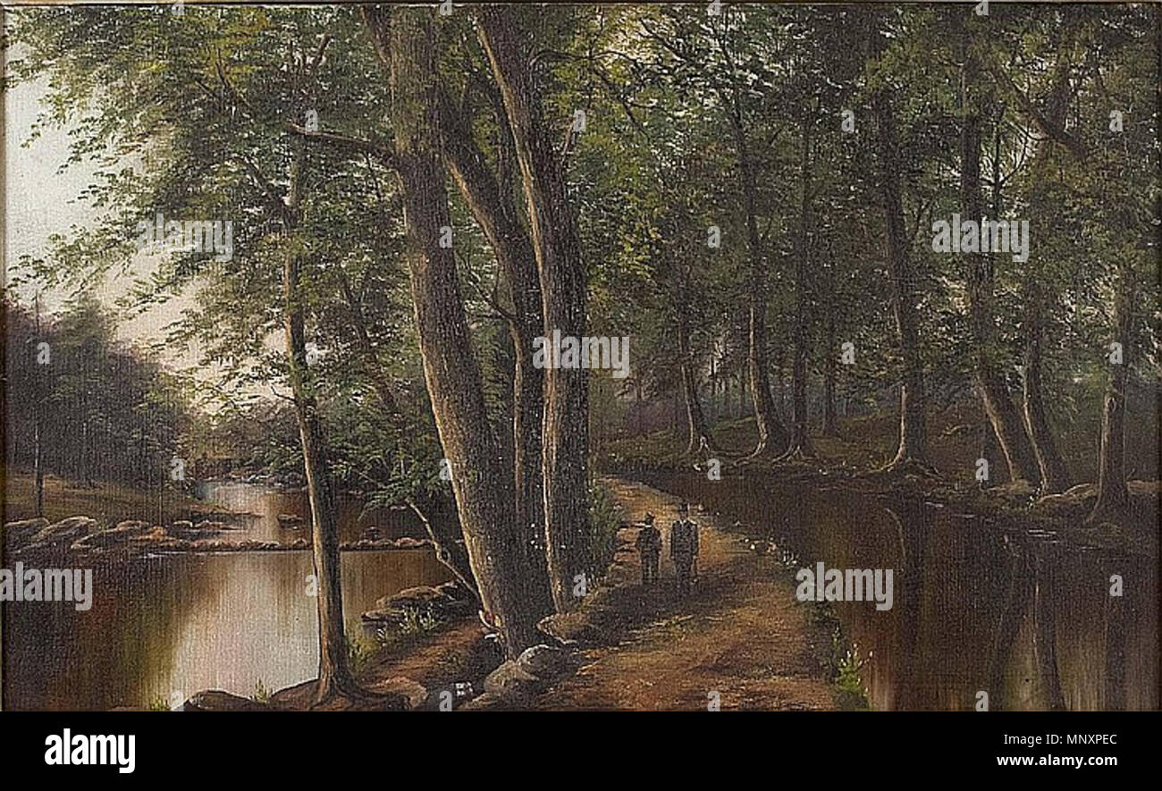 . Il Pennsylvania Canal a Fort Hunter da George W. tempesta. Nato a Johnstown, Pennsylvania, tempesta era un ritrattista e pittore di paesaggi. Olio su tela, 15-3/4' x 25-1/2', collezione privata. circa 1850s. George W. Storm (1830-1913) 1179 Pennsylvania Canal a Fort Hunter da George W. Storm Foto Stock